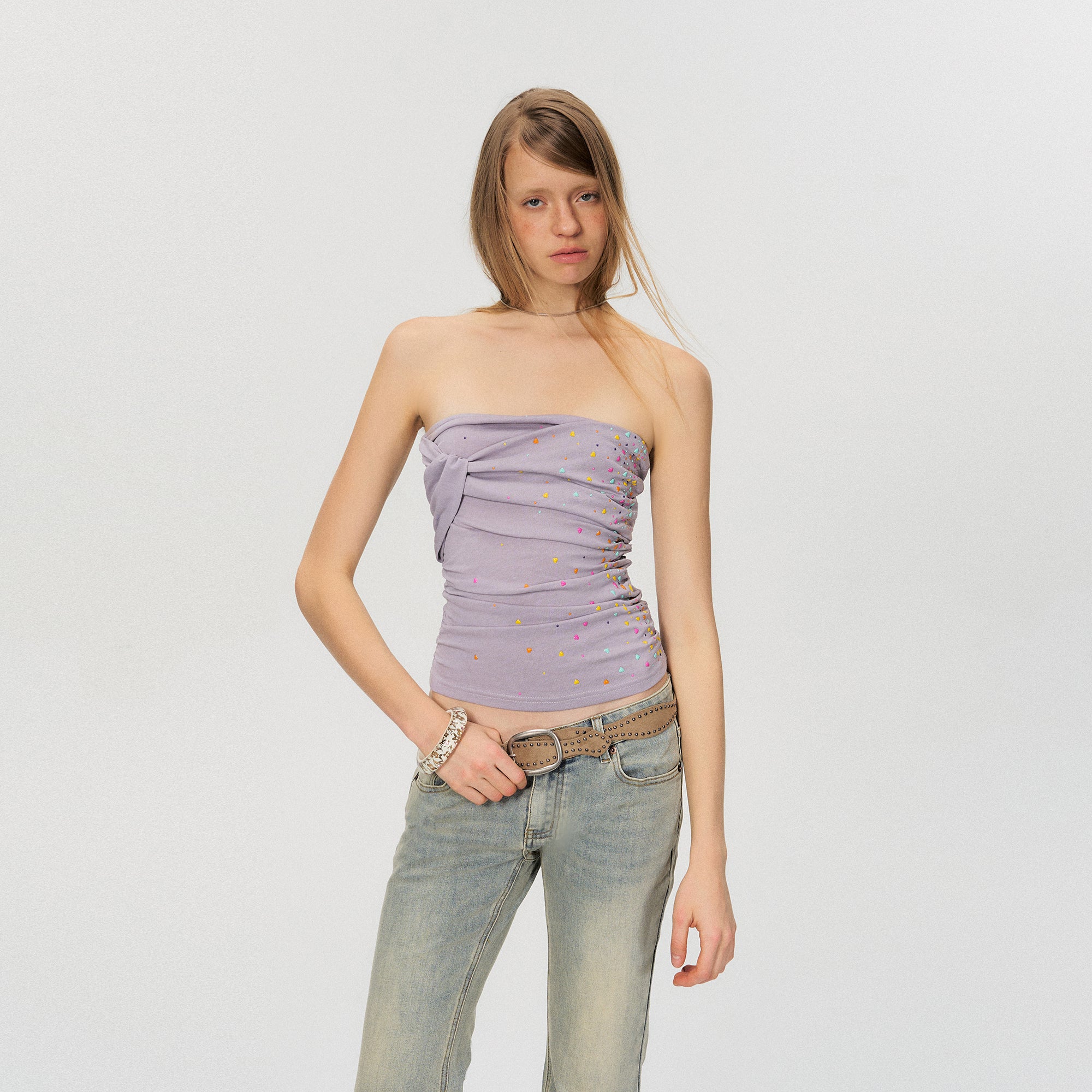 THE NEVERMORE Color Resin Rhinestone Twist Bandeau Top