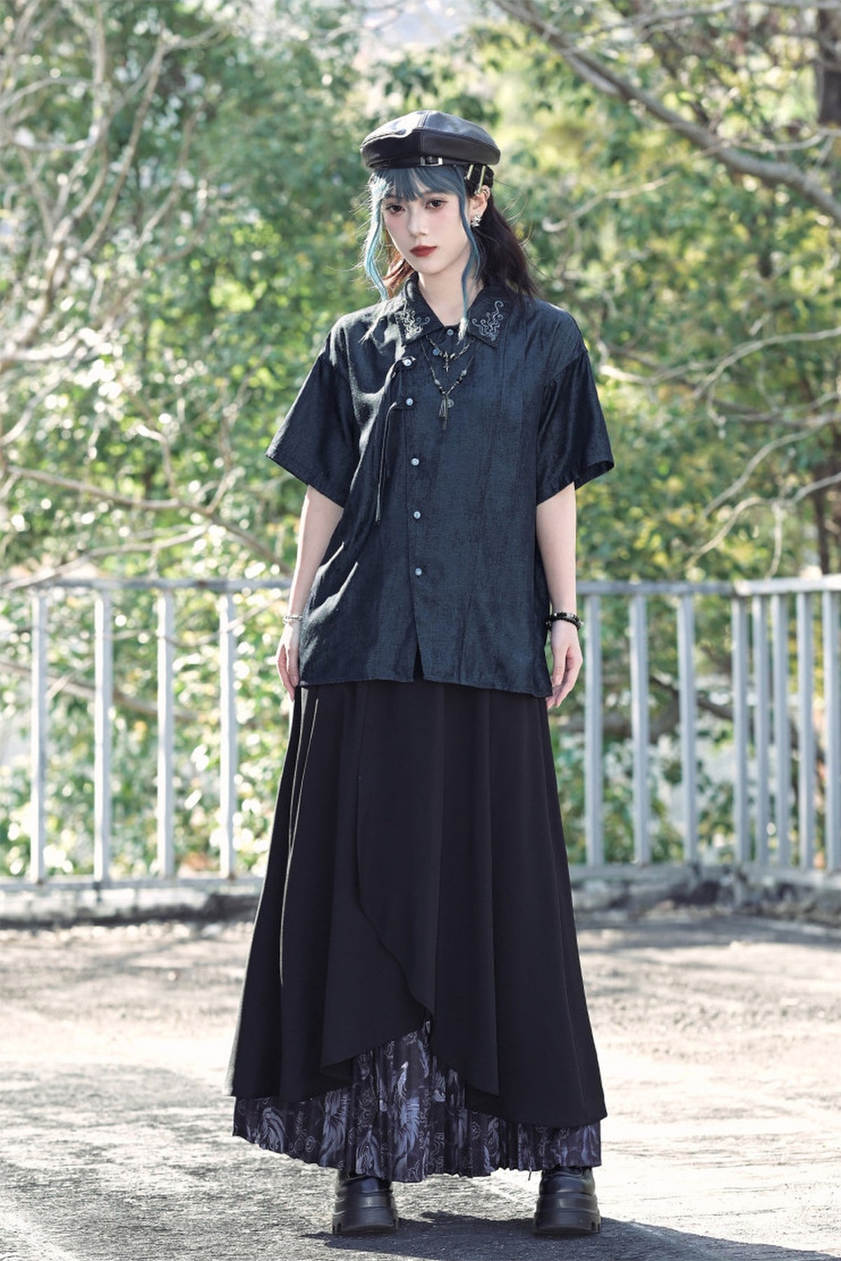 GUGUAI Spliced Pleated Graphic Maxi Skirt — full body · Floating Light Fin Dream Pleated Skirt - Autumn Winter