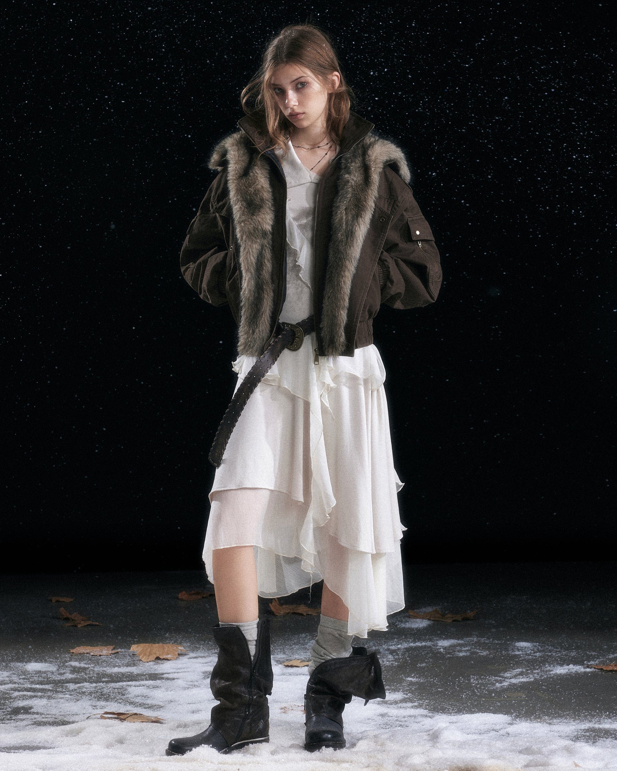 CESTNOUS Retro Detachable Faux-Fur Collar Bomber Jacket