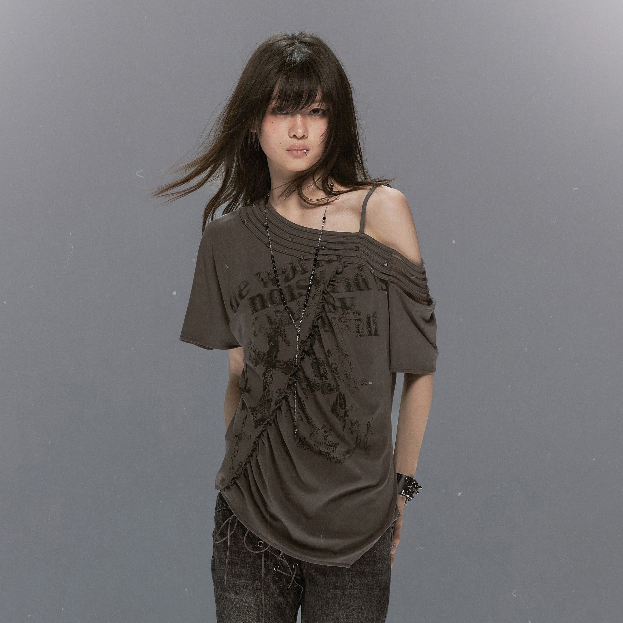 CESTNOUS Asymmetrical Studded Multi-Strap Graphic T-Shirt