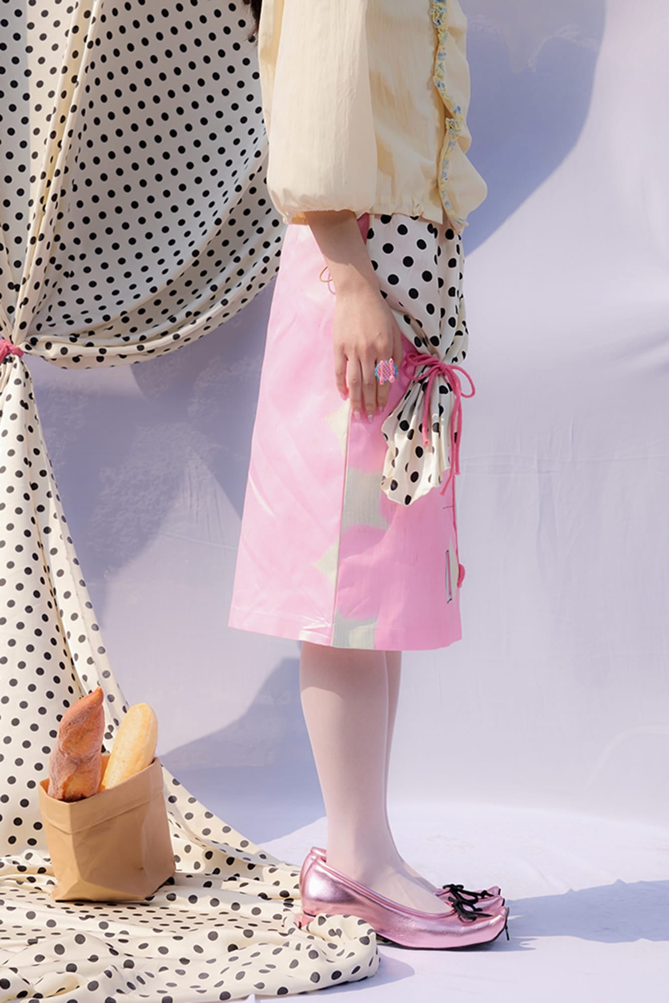 UNSOCIAL NIGHT Polka-Dot Draped Panel Graphic Midi Skirt