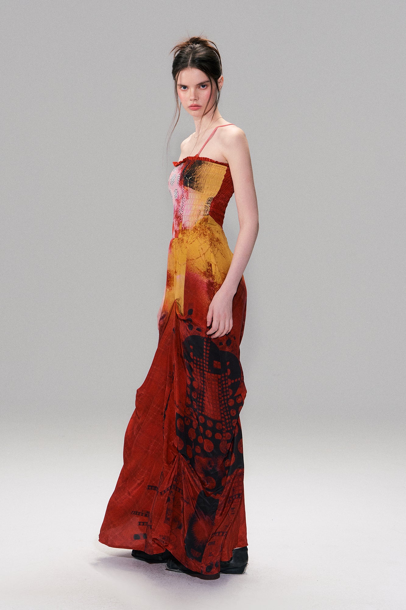 THE NEVERMORE Asymmetric Shirred Spliced Maxi Dress