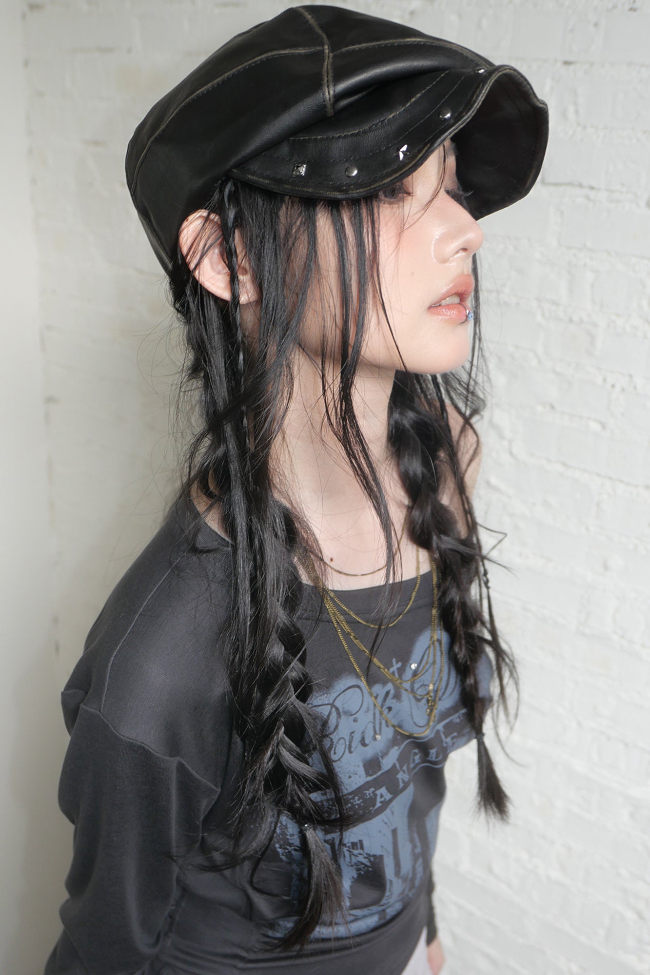 RIDK Faux Leather Studded Newsboy Cap