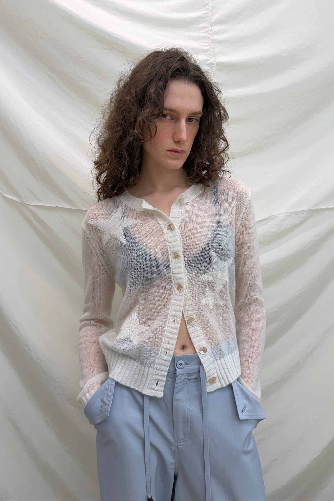 NEVERSEEZ Sheer Star-Jacquard Rib-Trim Cardigan