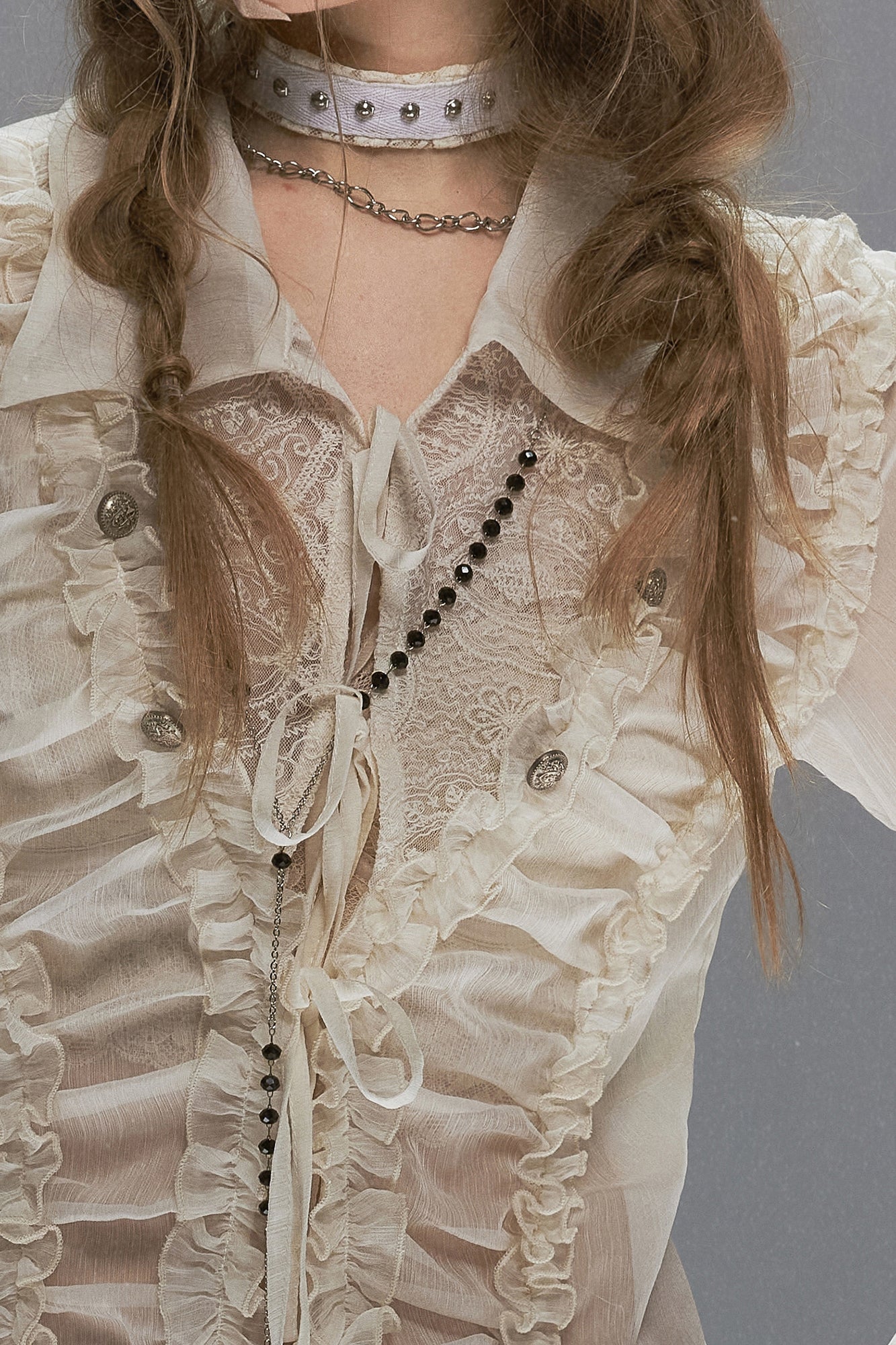CESTNOUS Ruffle Lace-Panel Bell-Sleeve Shirt