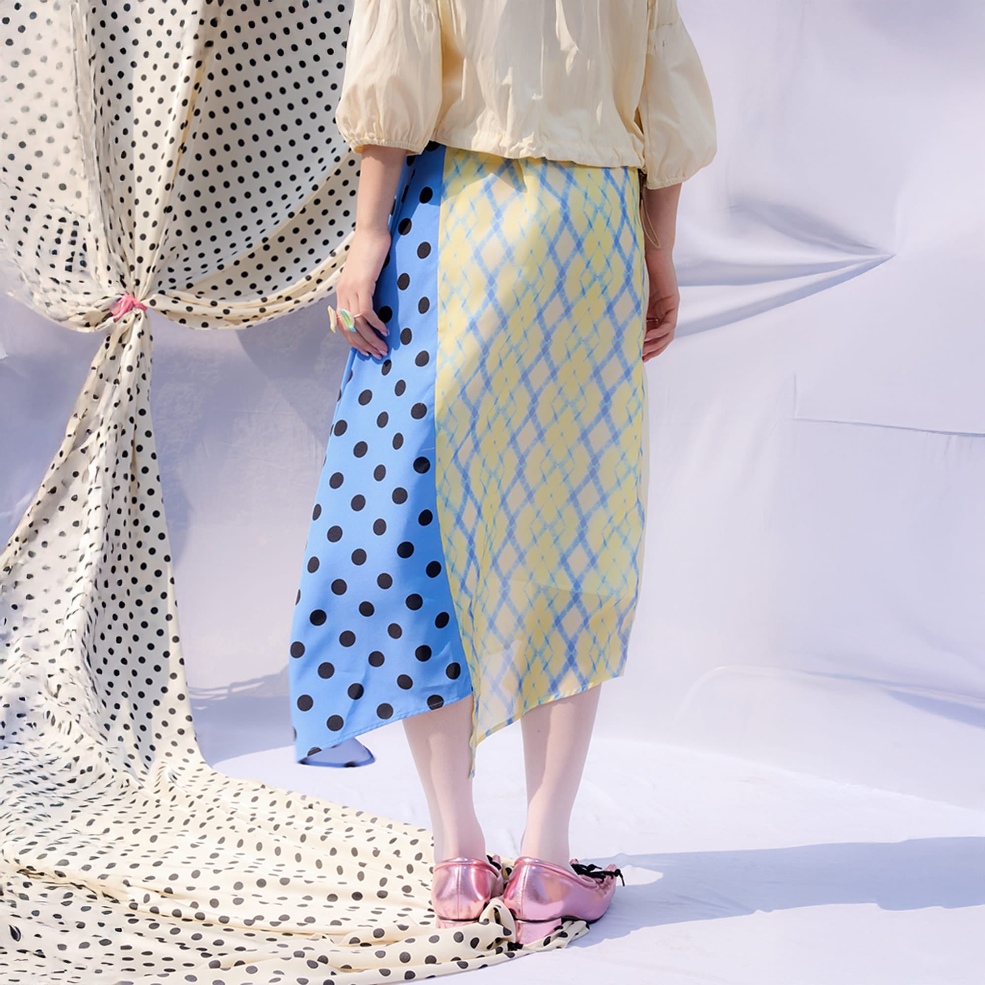 UNSOCIAL NIGHT Spliced Polka-Dot Diamond Midi Skirt