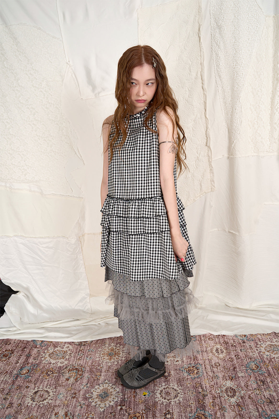 HSUSE Polka Dot Pleated Mesh Midi Skirt