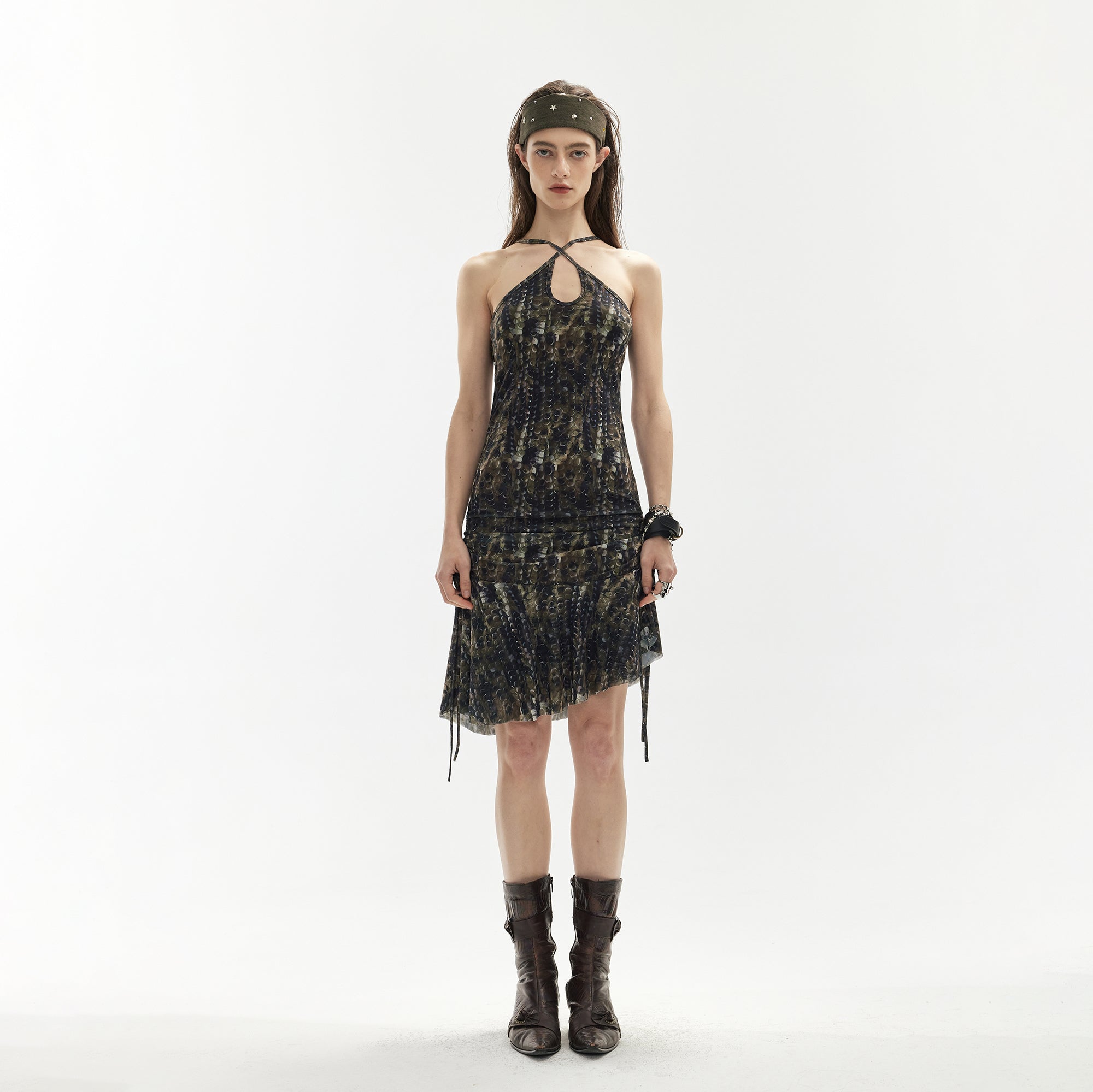 JIUWU PARK Ruched Wave Mesh Halter Dress