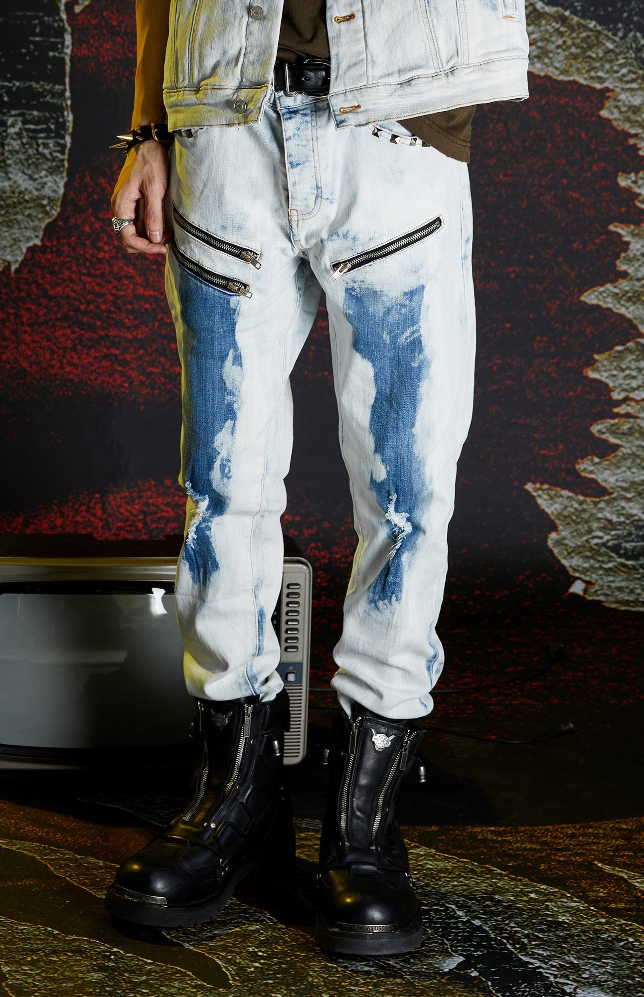 VENTUREK Distressed Washed Zippered Studded Slim Jeans, premium urban and streetwear designers apparel on PROJECTISR.com, VENTUREK