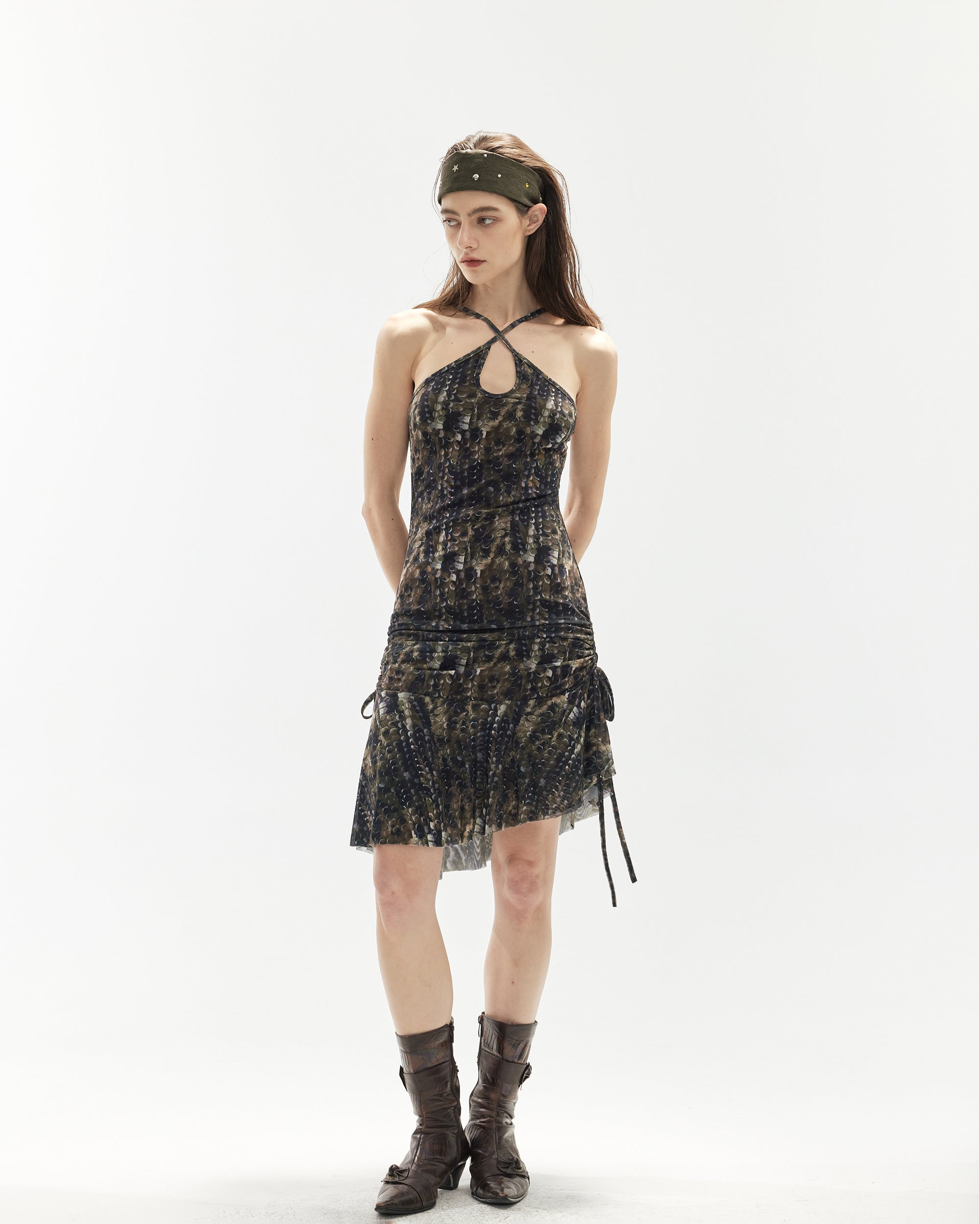 JIUWU PARK Ruched Wave Mesh Halter Dress