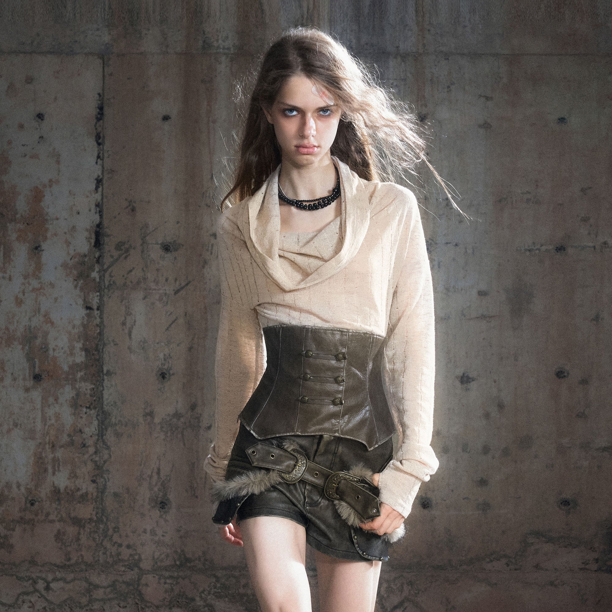 CESTNOUS Faux Leather Corset Draped Knit Top