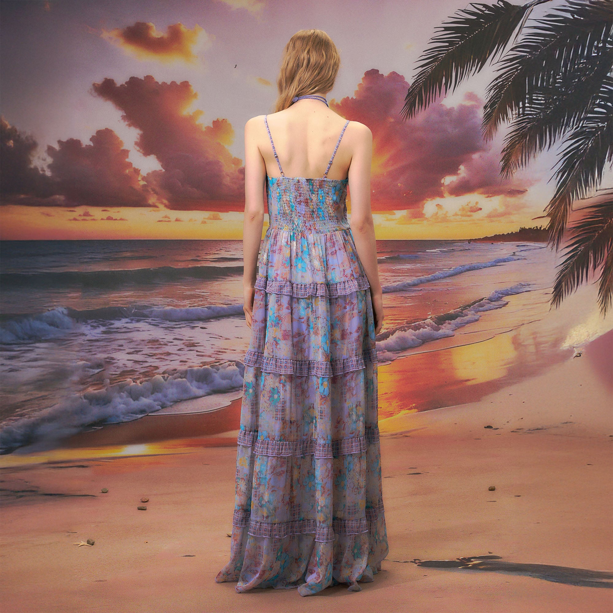THE NEVERMORE Floral Plaid-Trim Tiered Maxi Dress