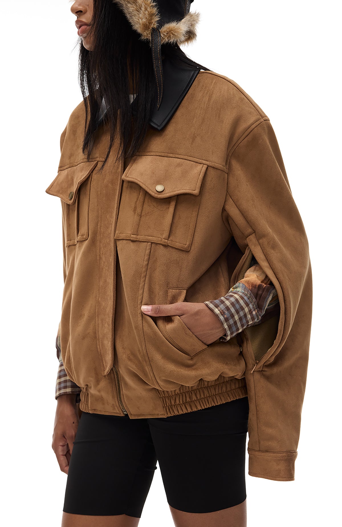COSTUSTOOT Contrast-Collar Suede Oversized Big-Pocket Jacket