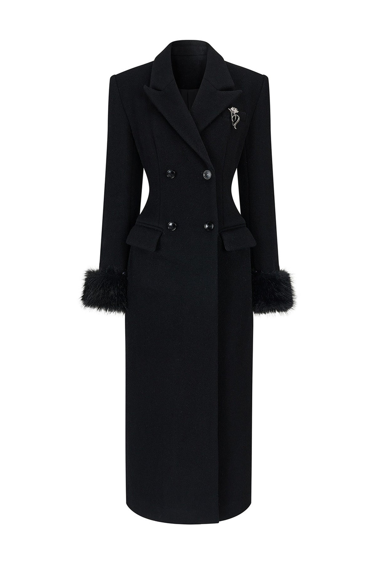 HIIMDAI 100% Wool Double-Faced Long Coat — flat lay · Classic Black