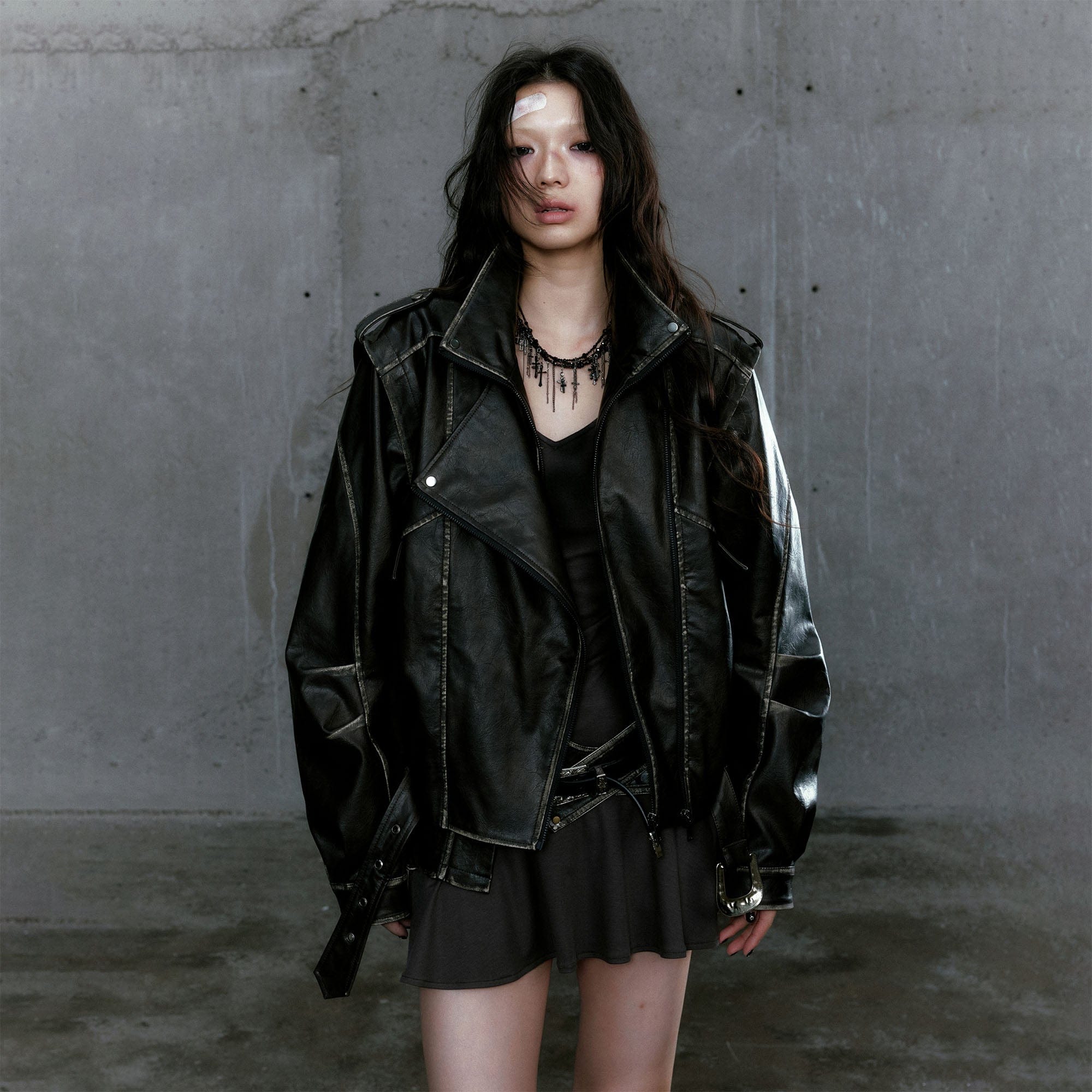 CESTNOUS Distressed Dual-Zip Faux Leather Biker Jacket