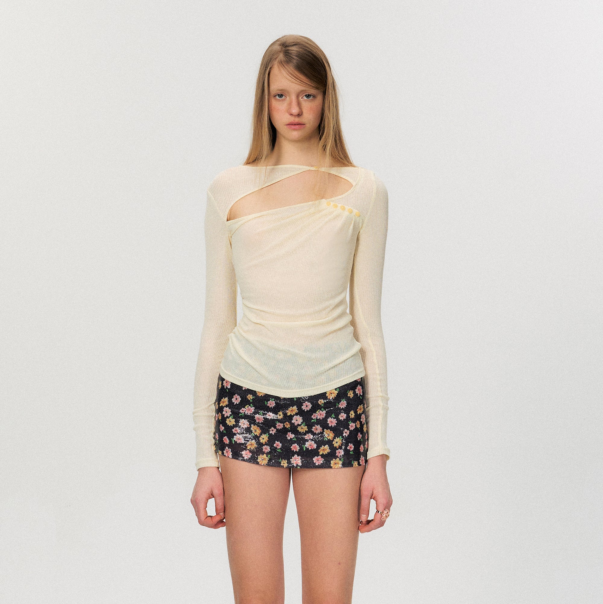 THE NEVERMORE Asymmetric Sheer Cutout Ruched Top