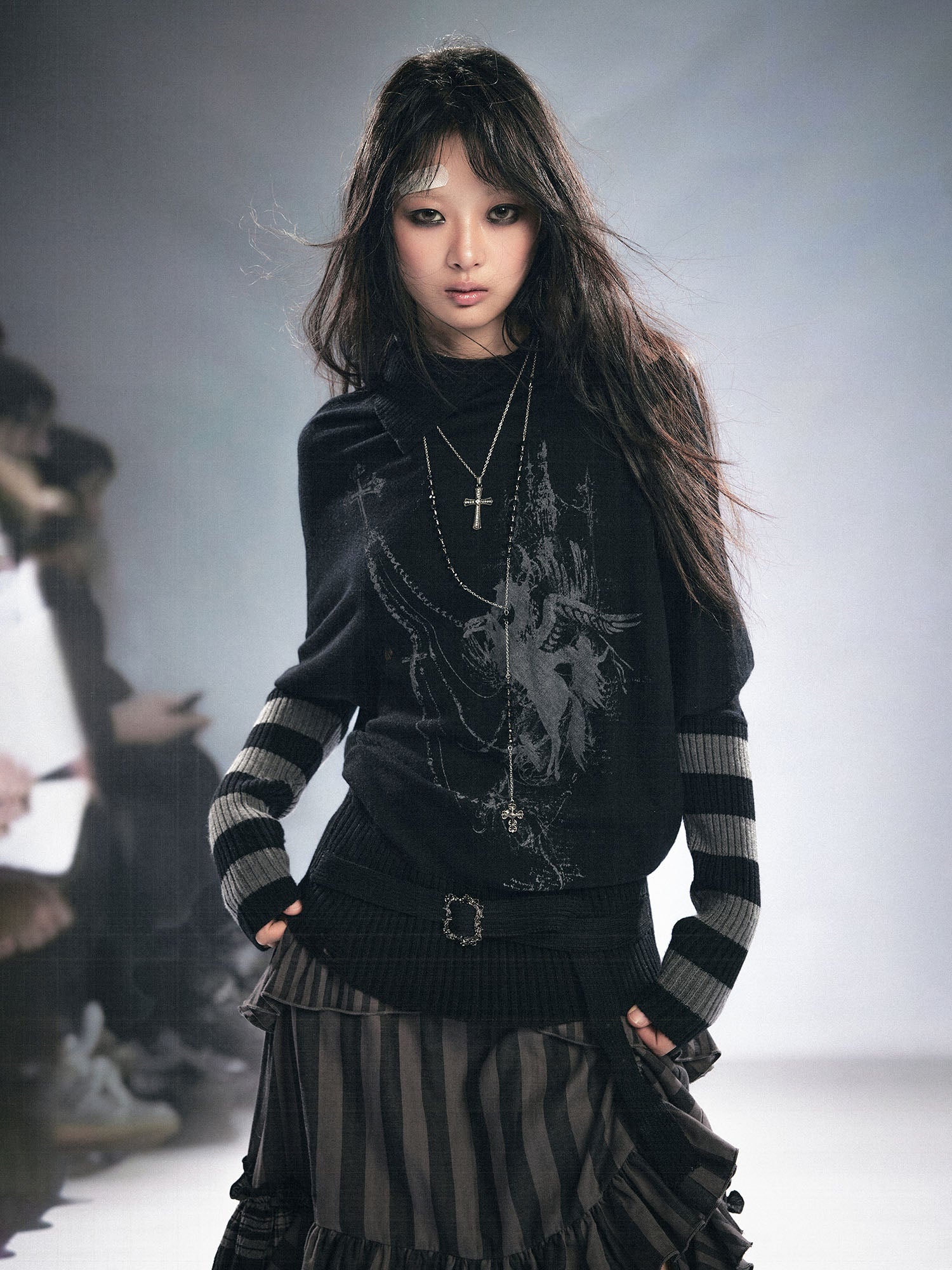 CESTNOUS Gothic Graphic Striped Bat-Sleeve Sweater