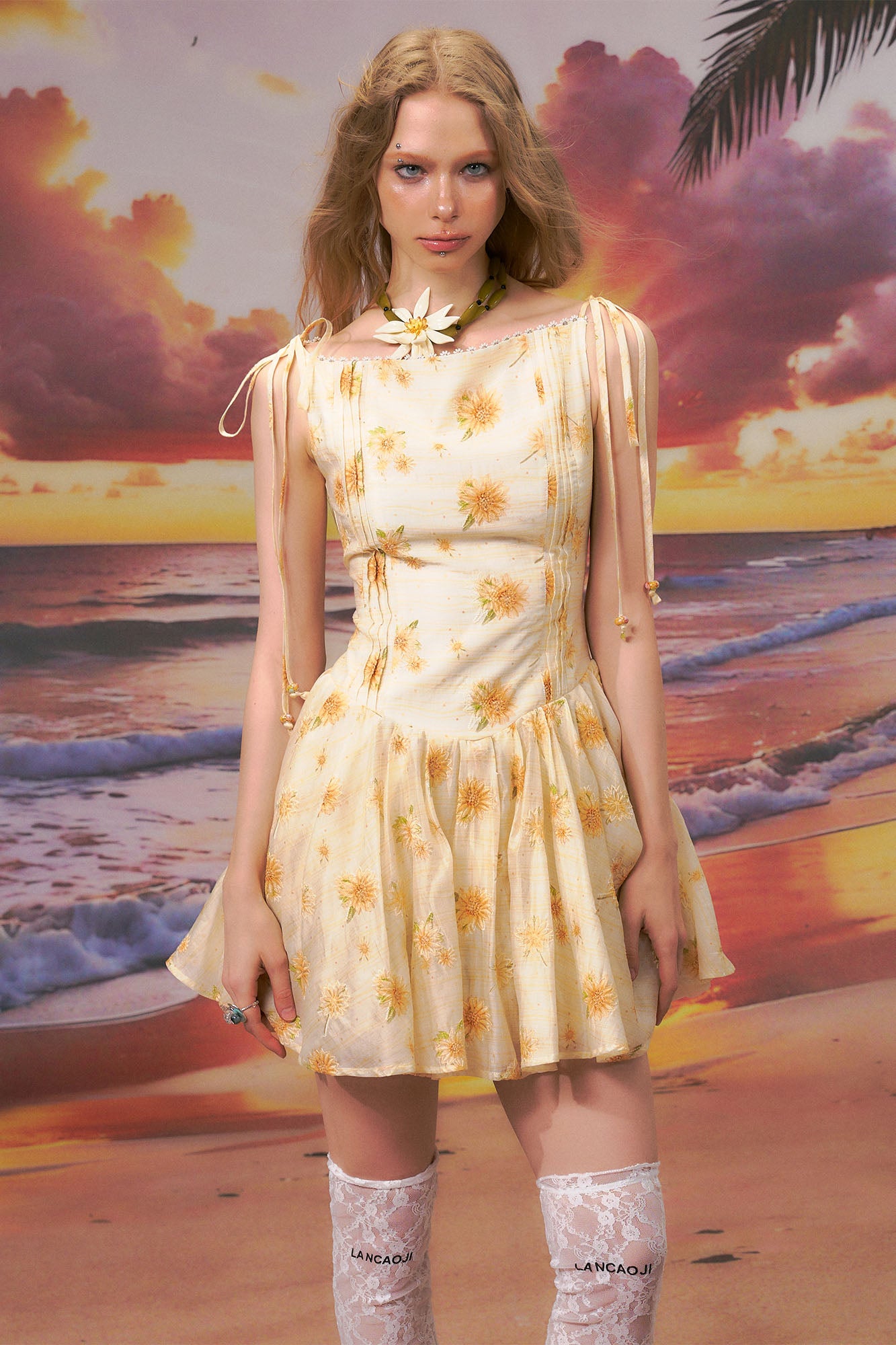 THE NEVERMORE Tie-Shoulder Floral Flared Mini Dress