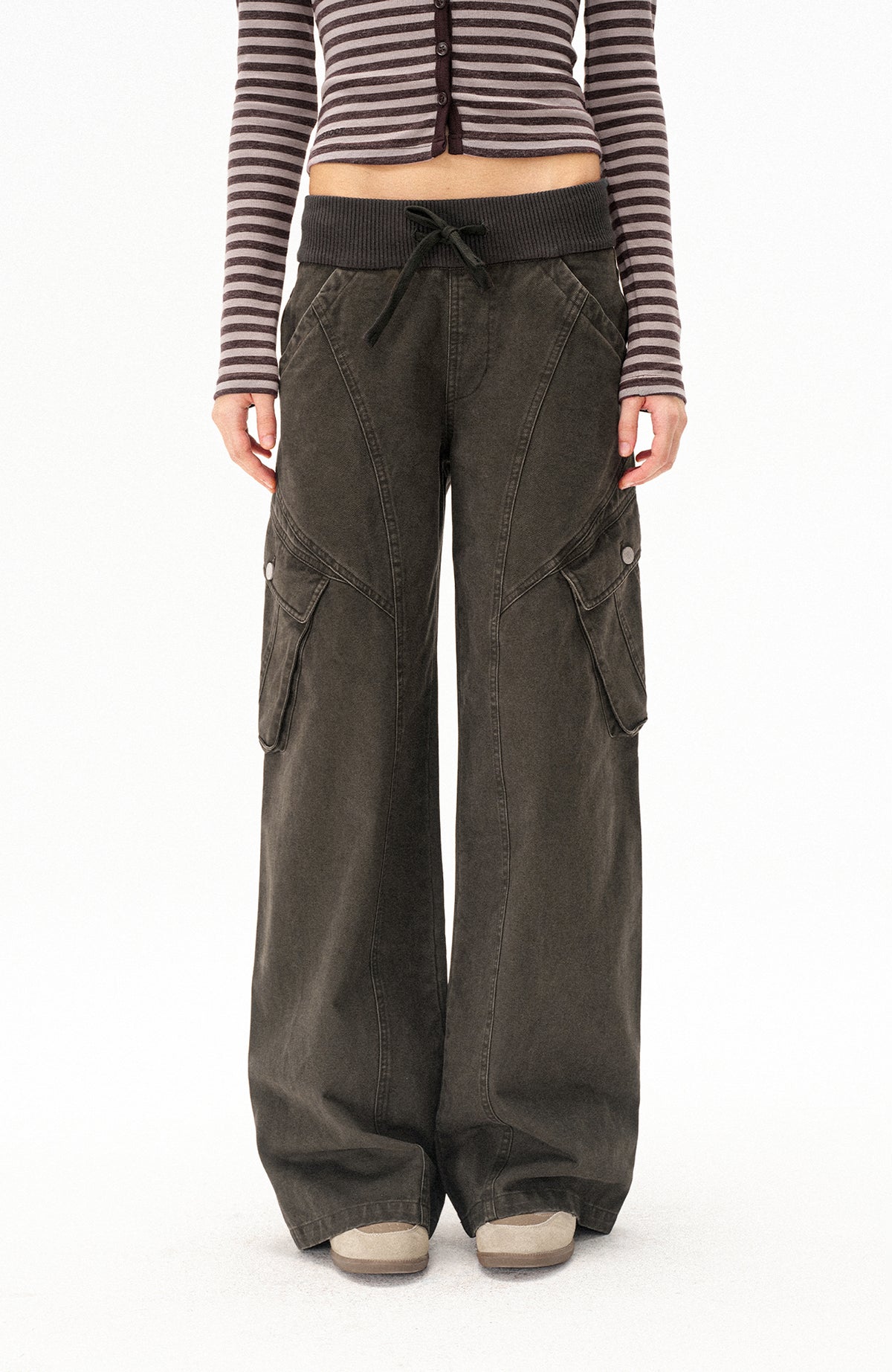 COSTUSTOOT Multi-Pocket Washed Distressed Ribbed Waist Cargo Pants