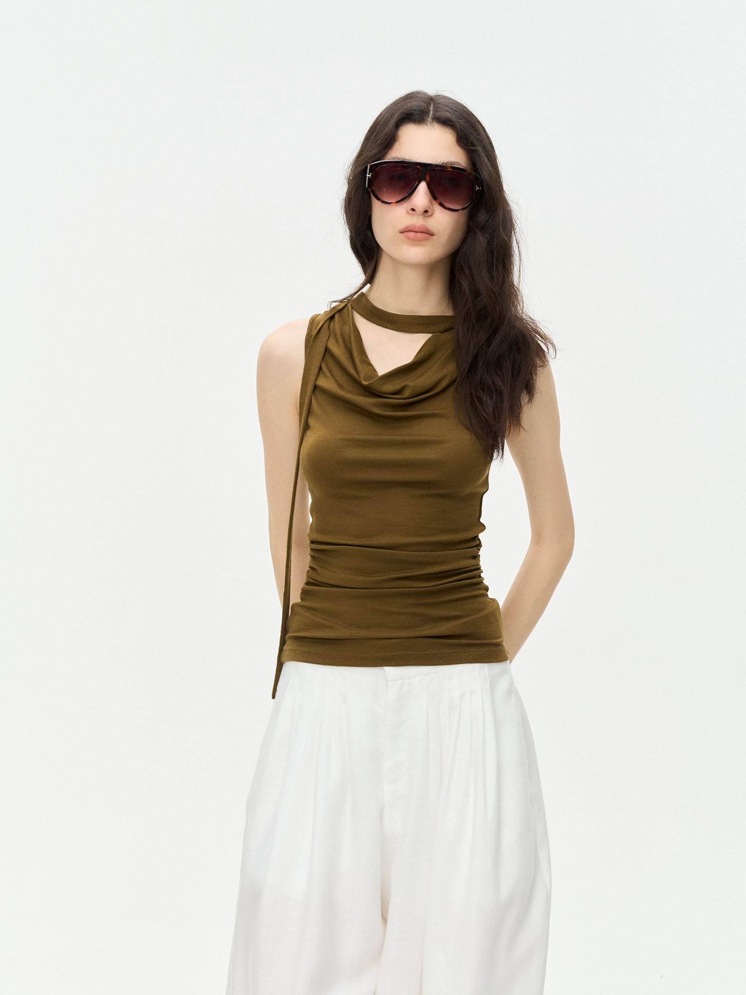 LEONSENSE Choker-Neck Draped Sleeveless Top