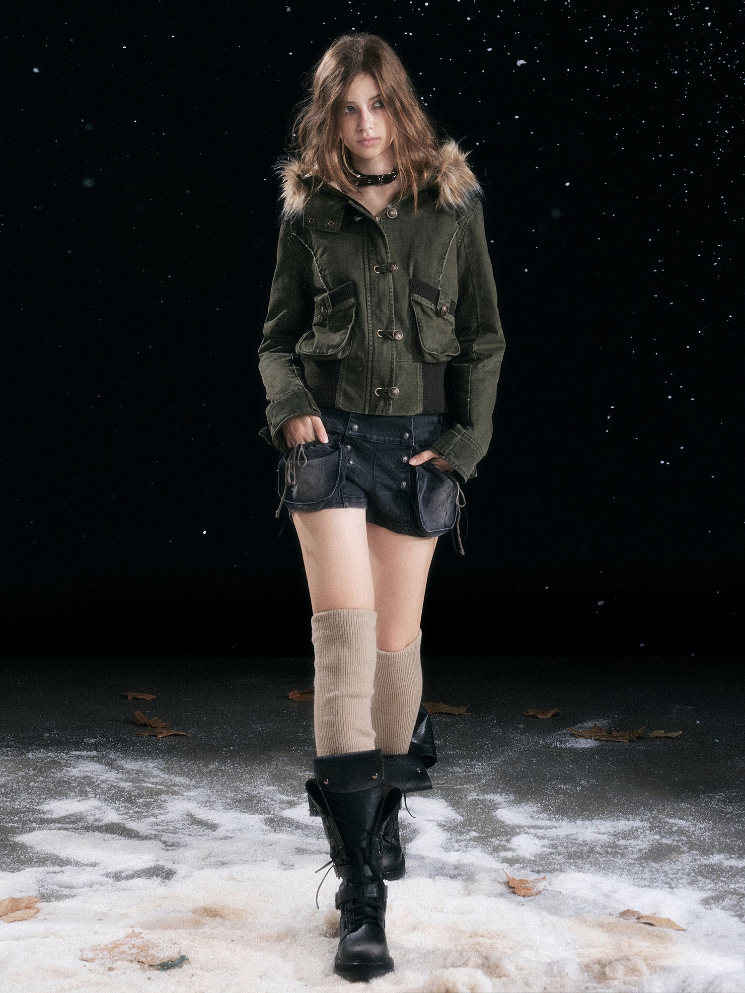 CESTNOUS Washed Military Faux-Fur Hooded Padded Jacket