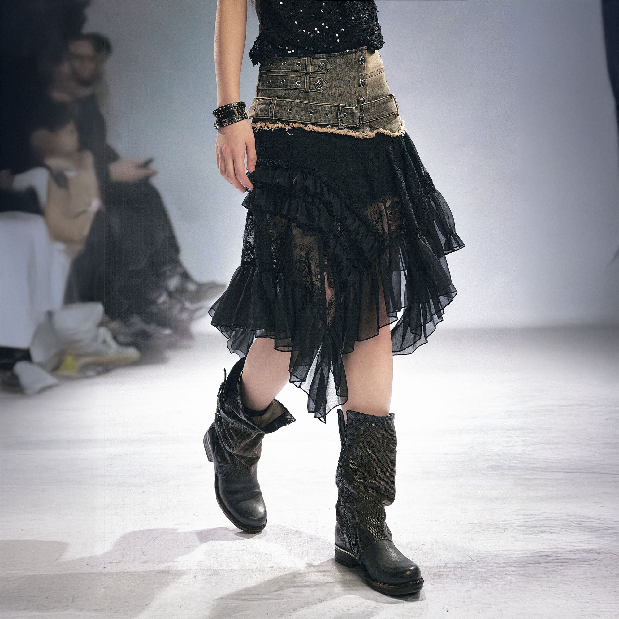 CESTNOUS Denim Belt-Waist Lace Ruffle Asym Skirt