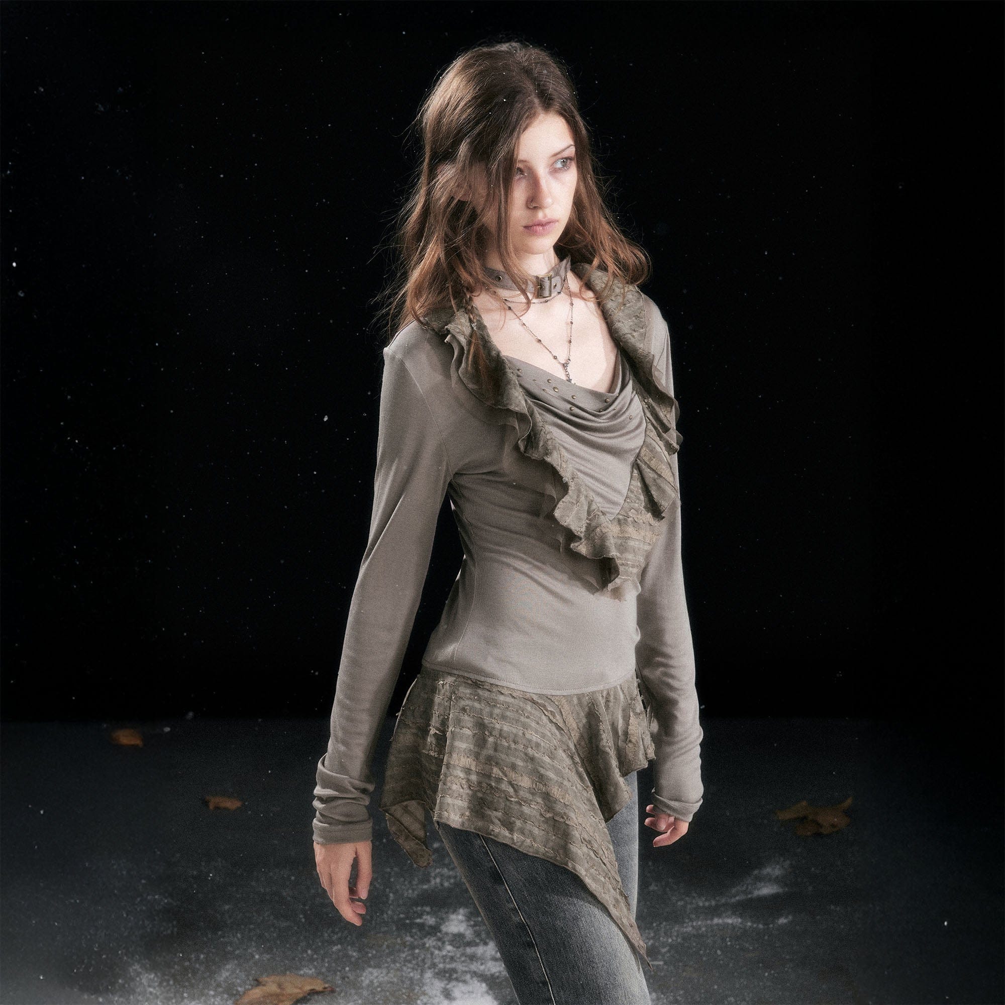 CESTNOUS Studded Ruffled Paneled Top