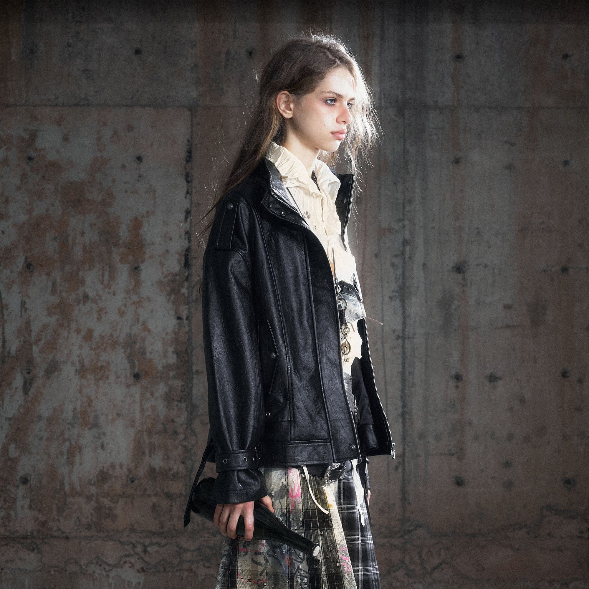 CESTNOUS Belted-Hem Faux Leather Jacket