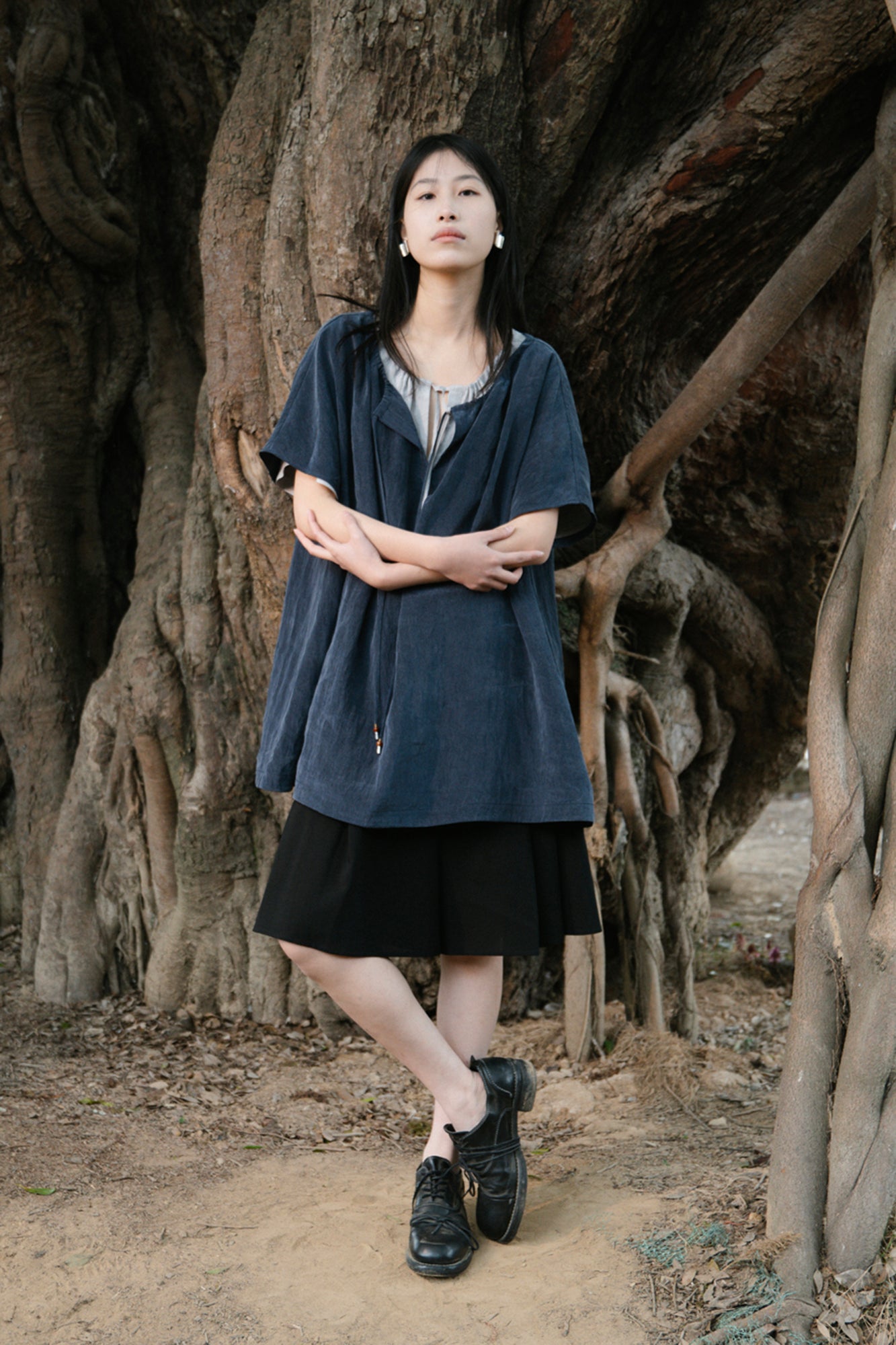 CAIRA Washed Drawstring Neck T-Shirt