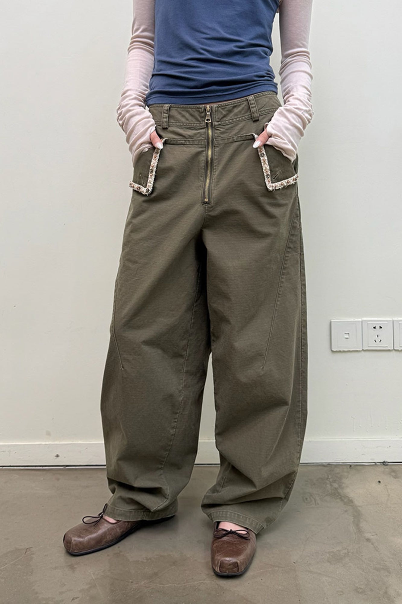NEVERSEEZ Beaded-Trim Flap-Pocket Zip-Front Pants