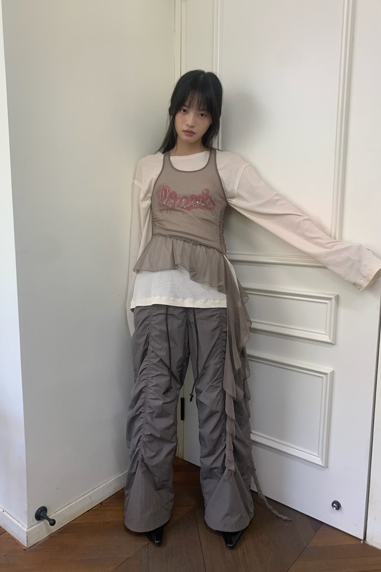 NEVERSEEZ Drawstring Ruched Wide-Leg Utility Pants