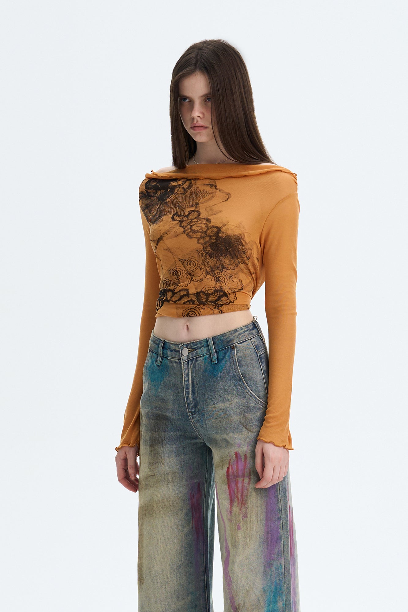 THE NEVERMORE Sheer Off-Shoulder Lettuce Edge Tee