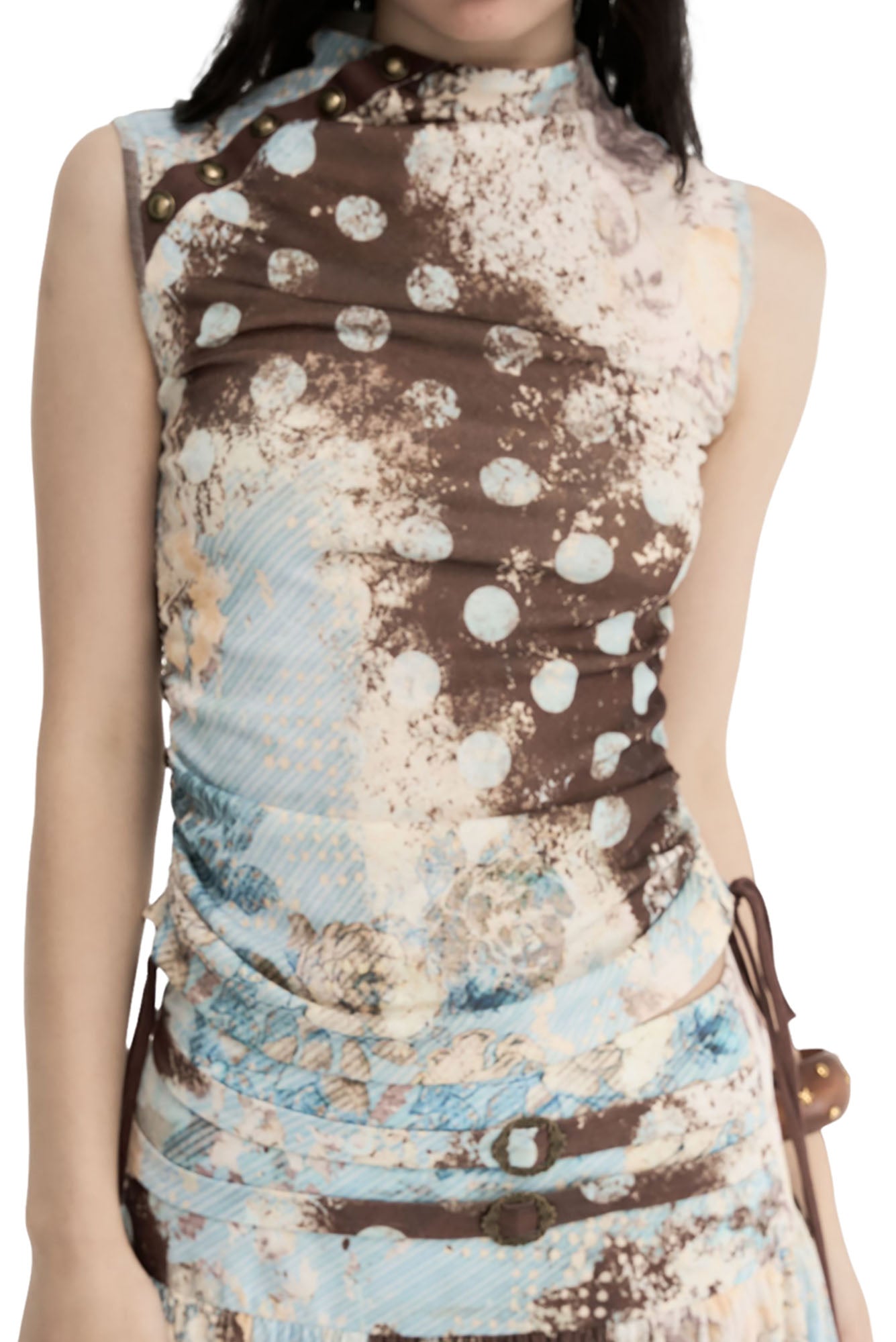 CONFUN Contrast Spliced Floral Drawstring Sleeveless Tee