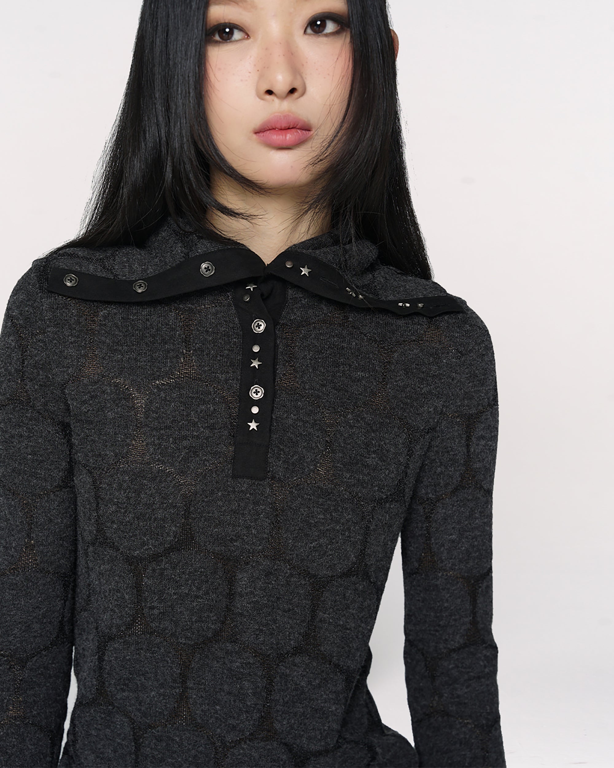 CONFUN Paneled Rivet Jacquard Henley Long-Sleeve Tee