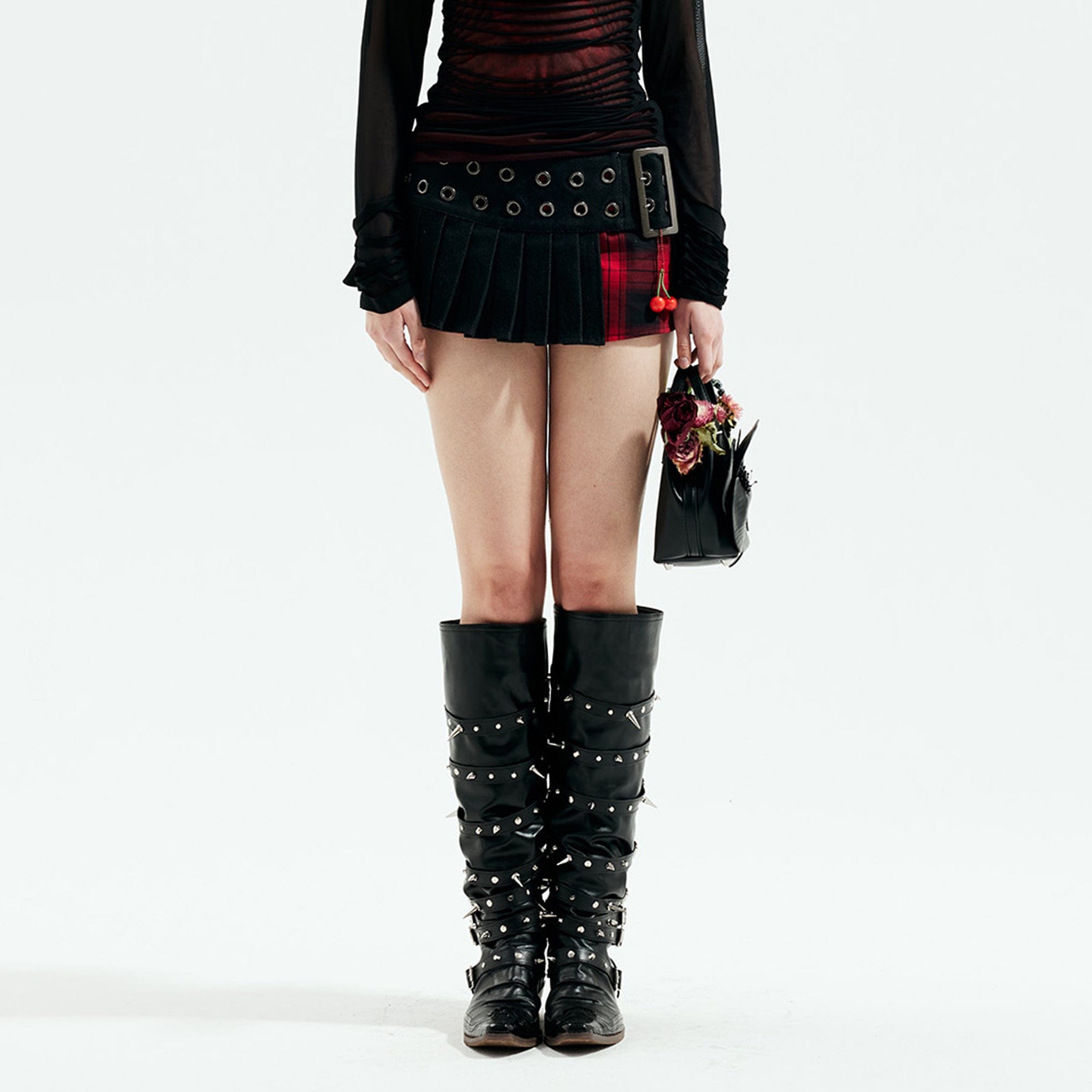 EMOHA Pleated Overlay Belted Plaid Mini Skirt
