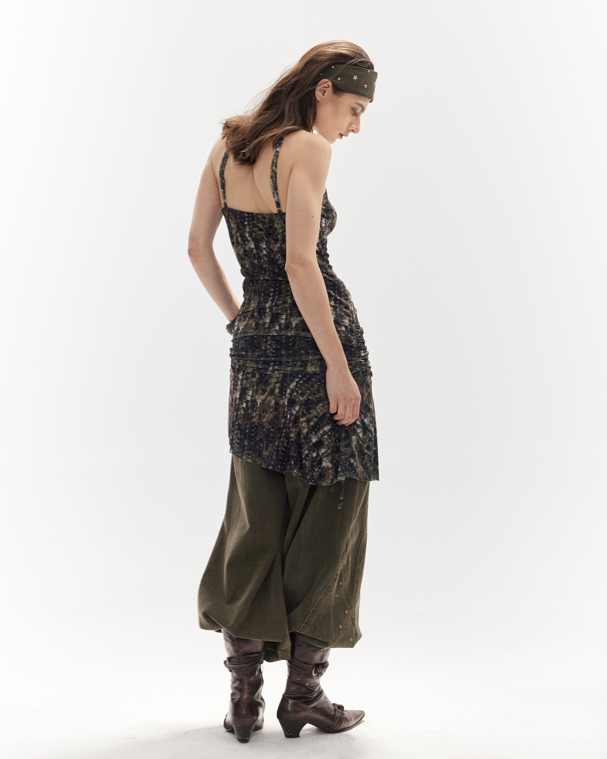 JIUWU PARK Ruched Wave Mesh Halter Dress