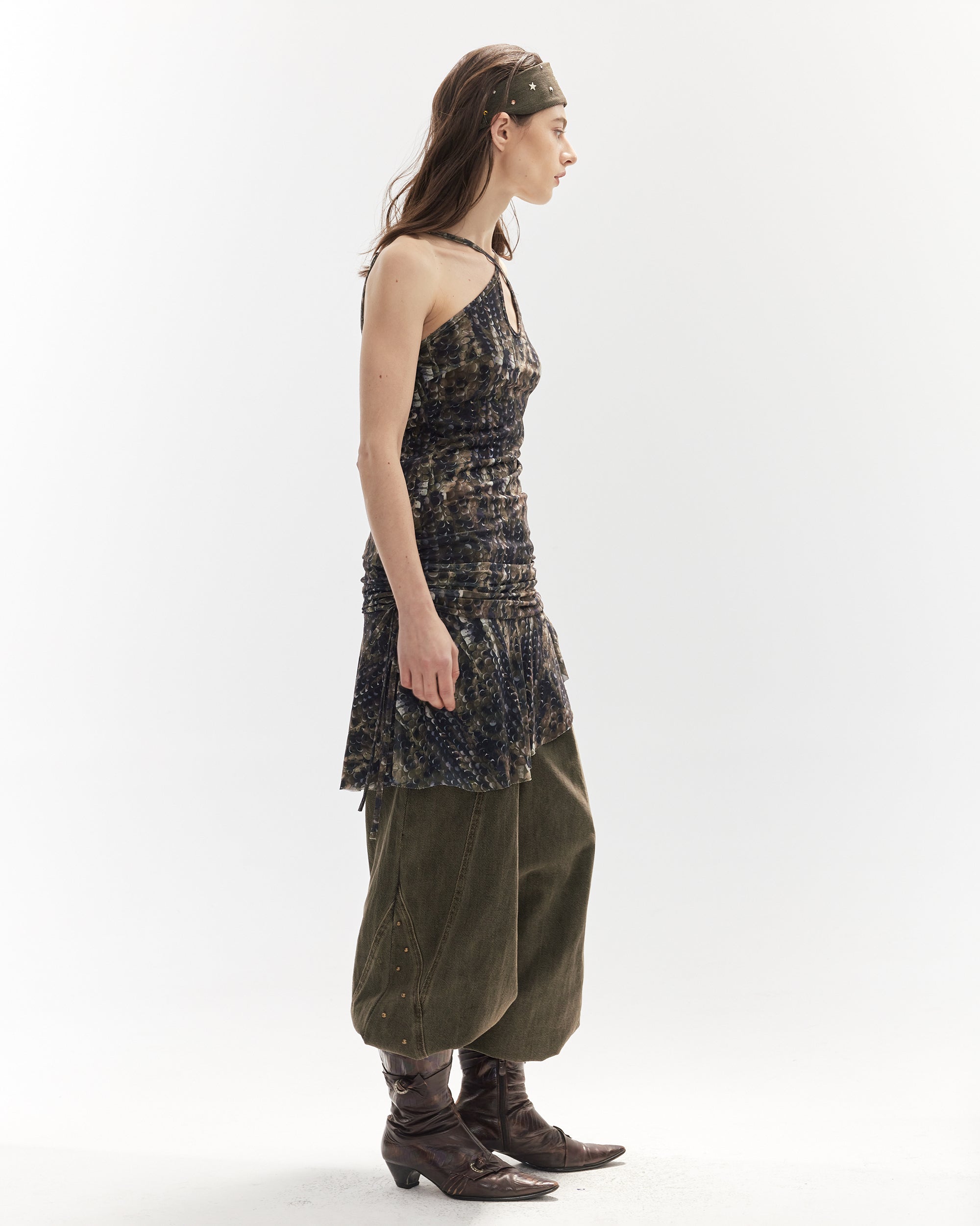JIUWU PARK Ruched Wave Mesh Halter Dress