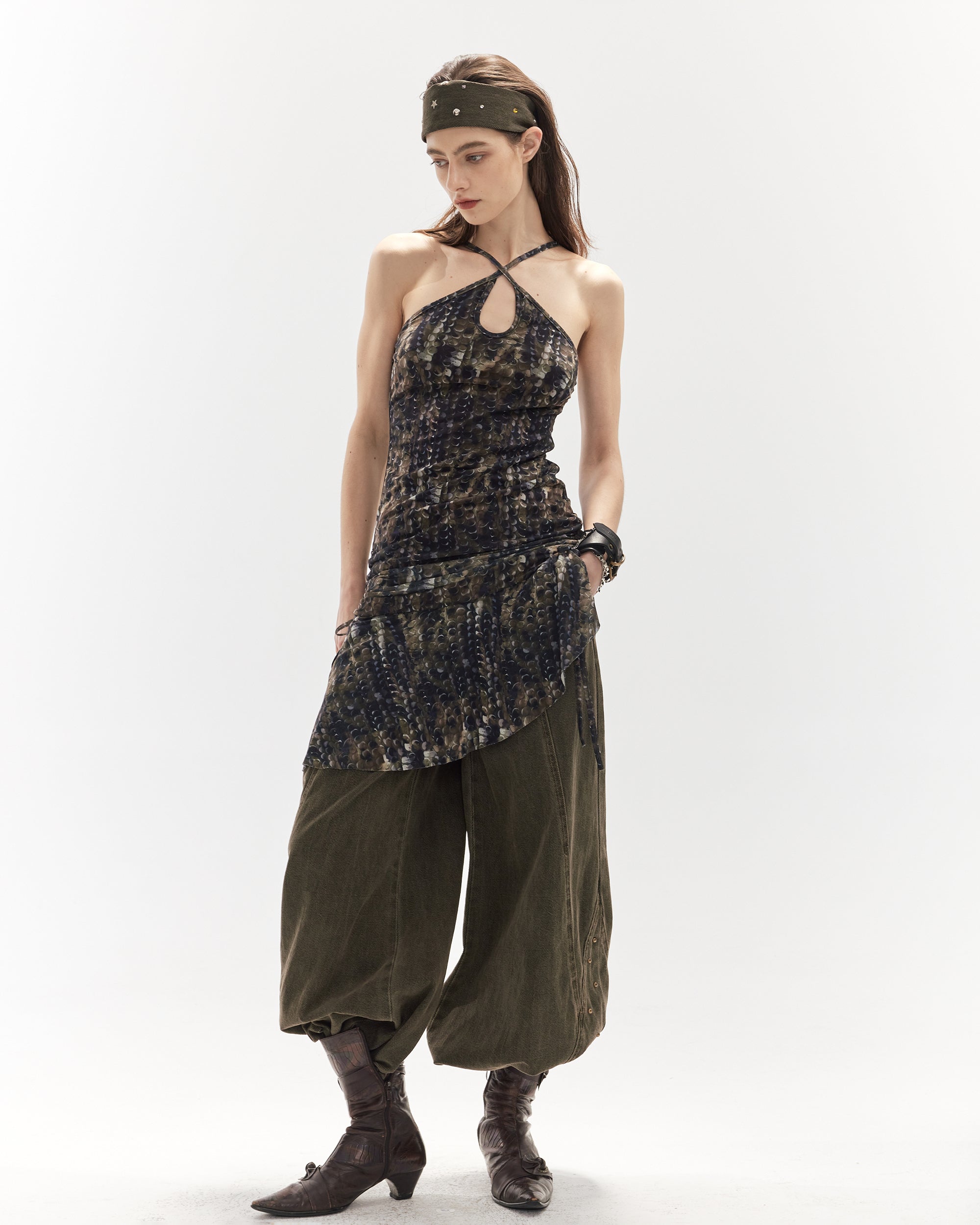 JIUWU PARK Ruched Wave Mesh Halter Dress