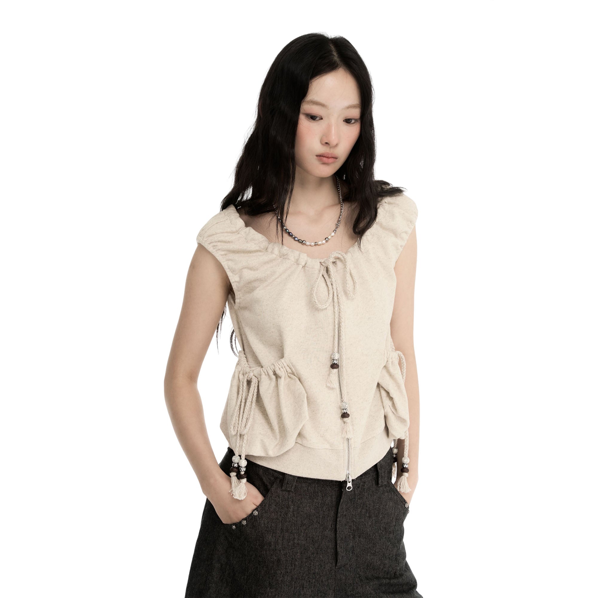 CONFUN Ruched Drawstring Zip-Up Top