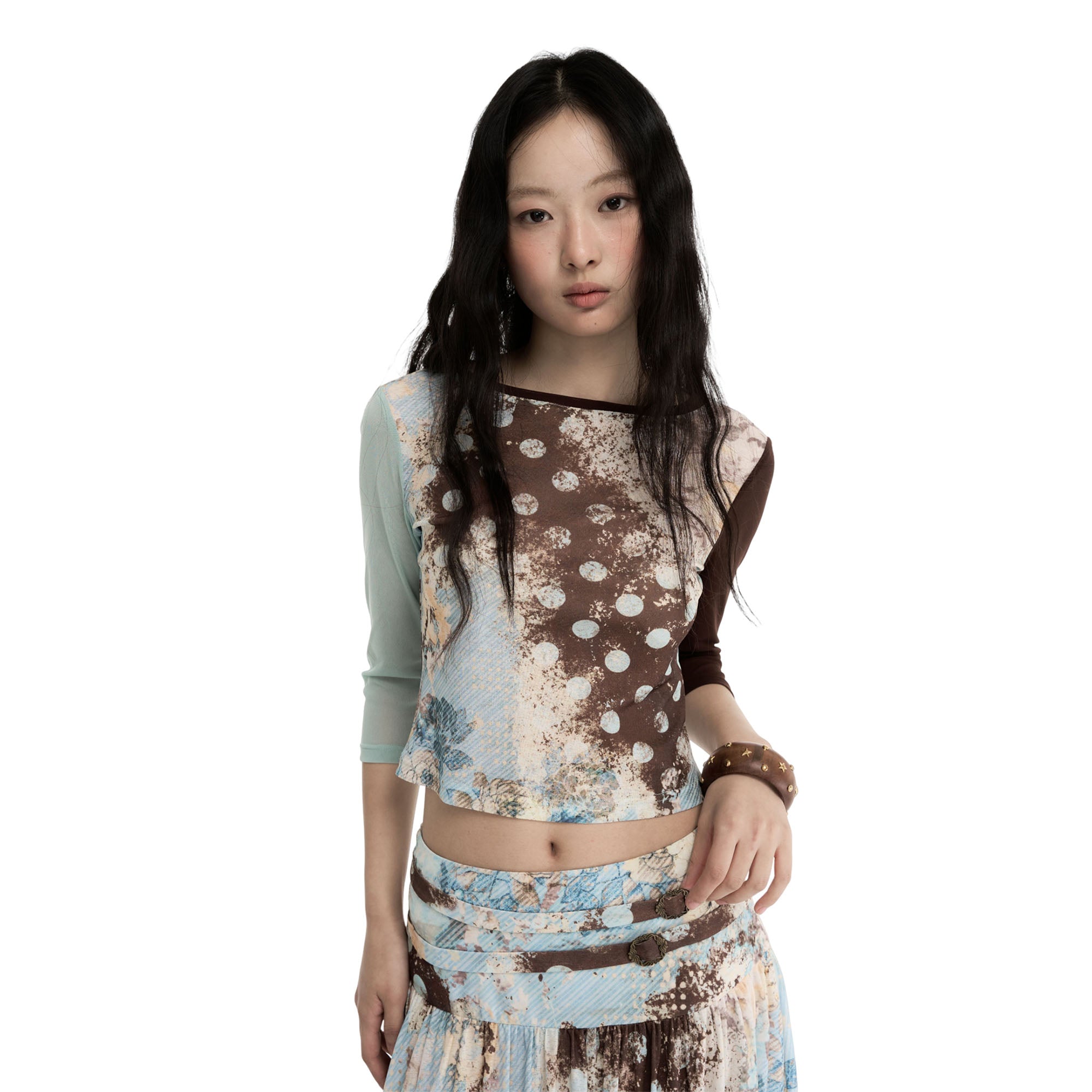 CONFUN Contrast Spliced Floral Long-Sleeve Tee