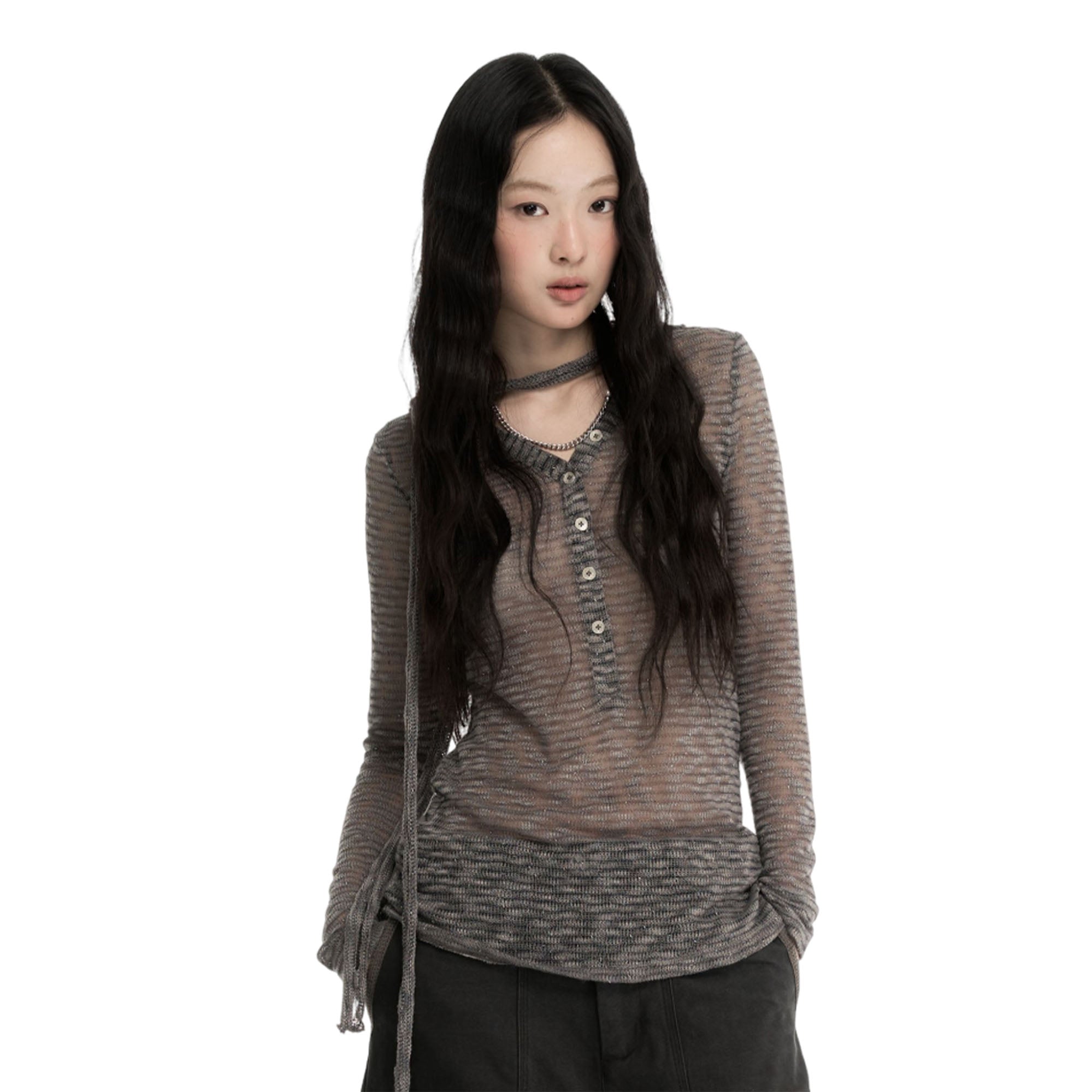 CONFUN Sheer Striped Long-Sleeve Polo Tee