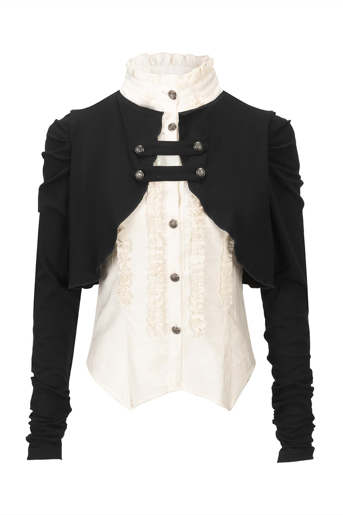 CESTNOUS Retro Ruffled-Hem Faux-Layered Long-Sleeve Shirt — flat lay