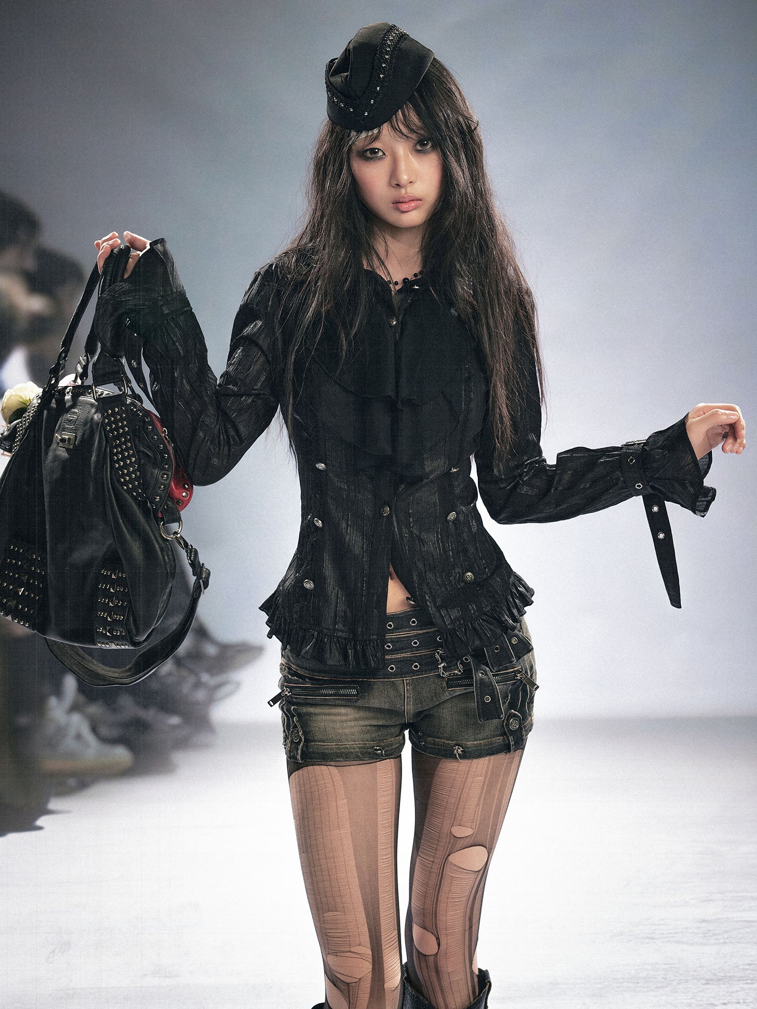 CESTNOUS Crinkled Ruffle Sheer Blouse