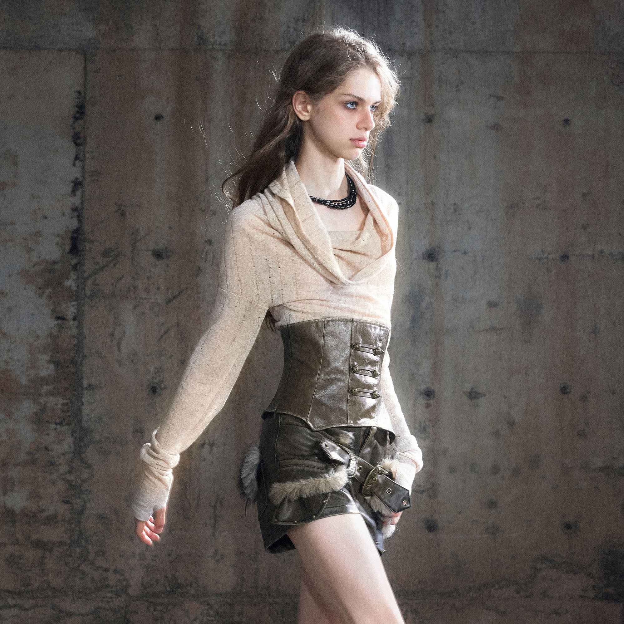 CESTNOUS Faux Leather Corset Draped Knit Top