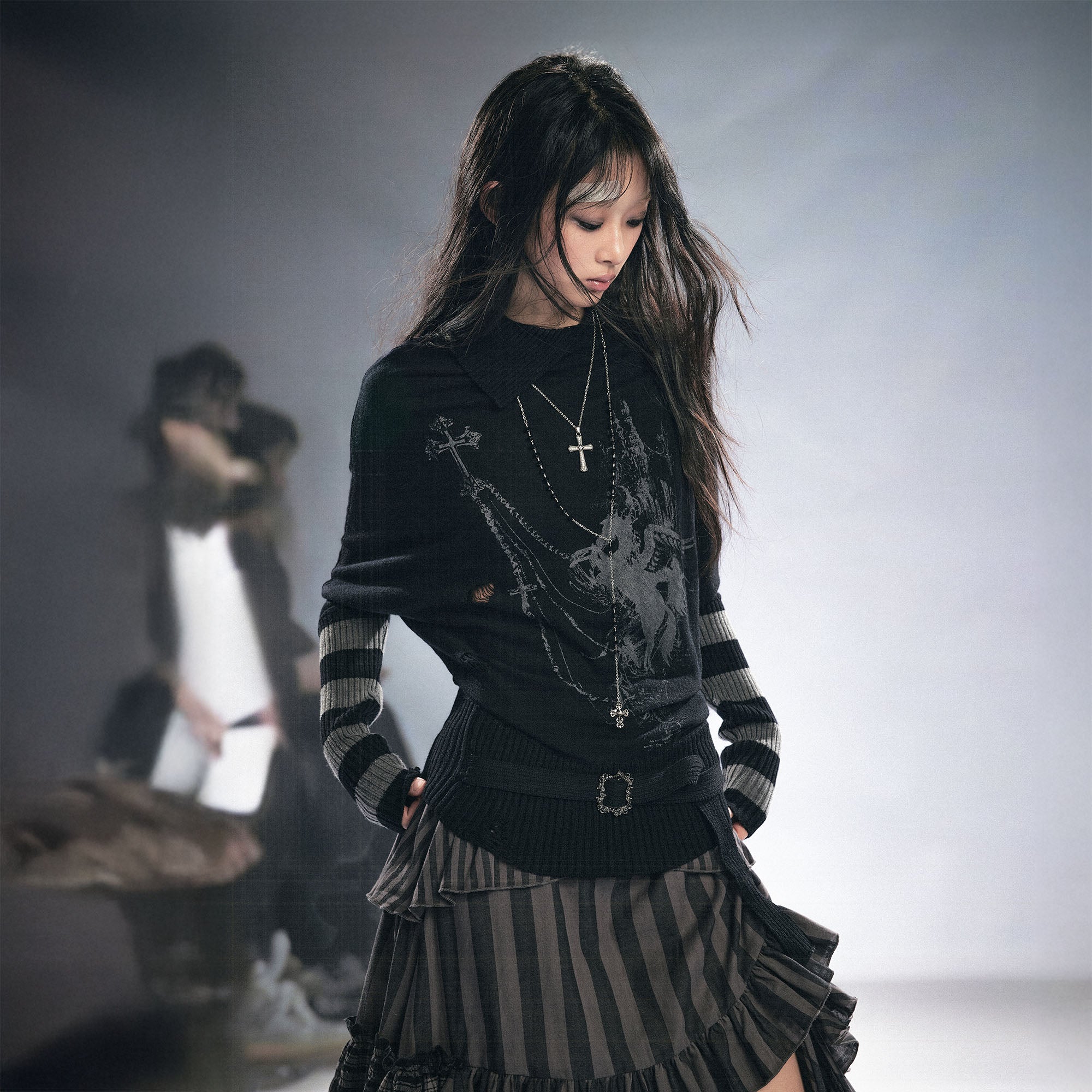 CESTNOUS Gothic Graphic Striped Bat-Sleeve Sweater