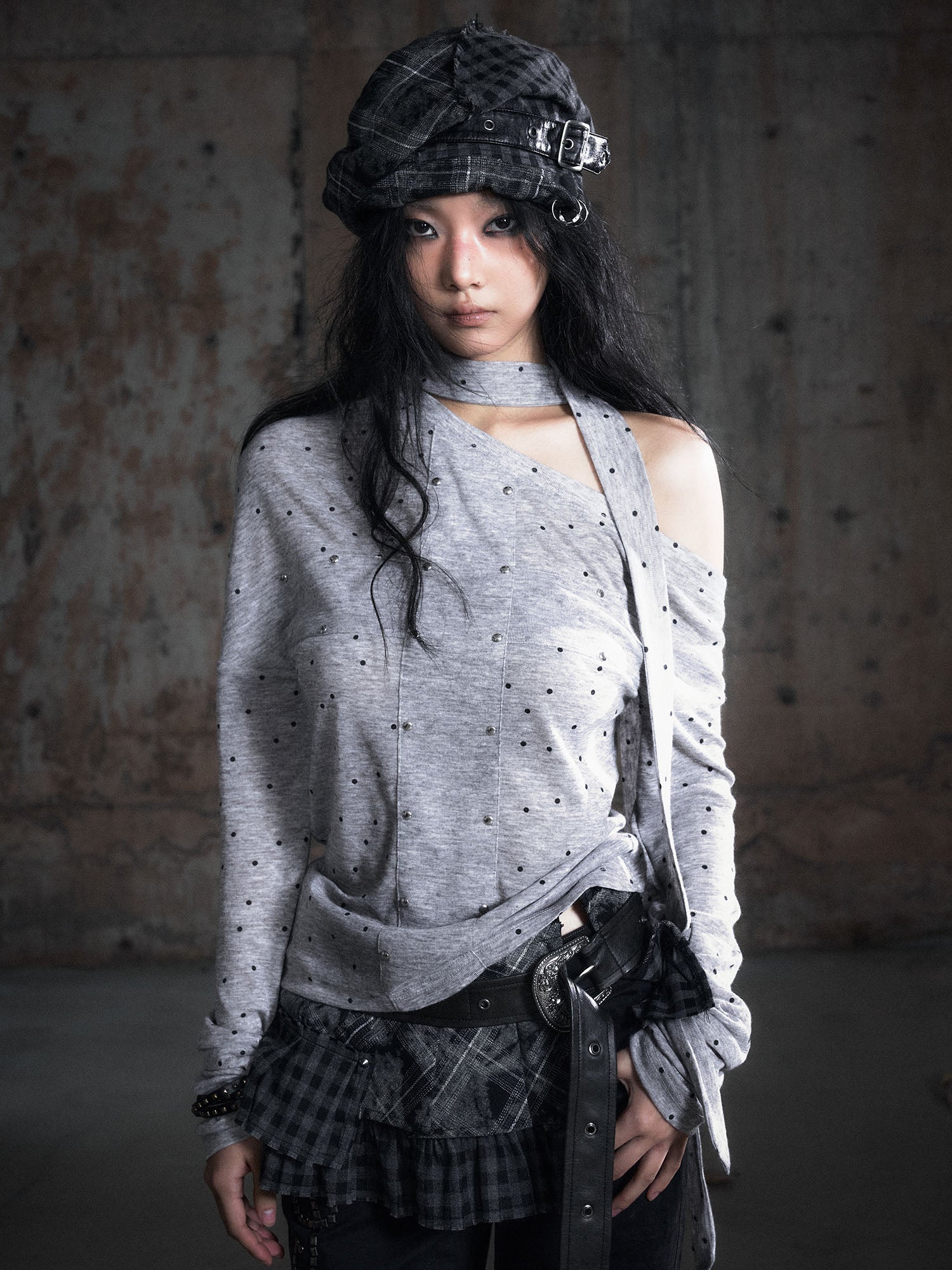 CESTNOUS Asymmetric Tie-Drape Cross Panel Long-Sleeve Tee