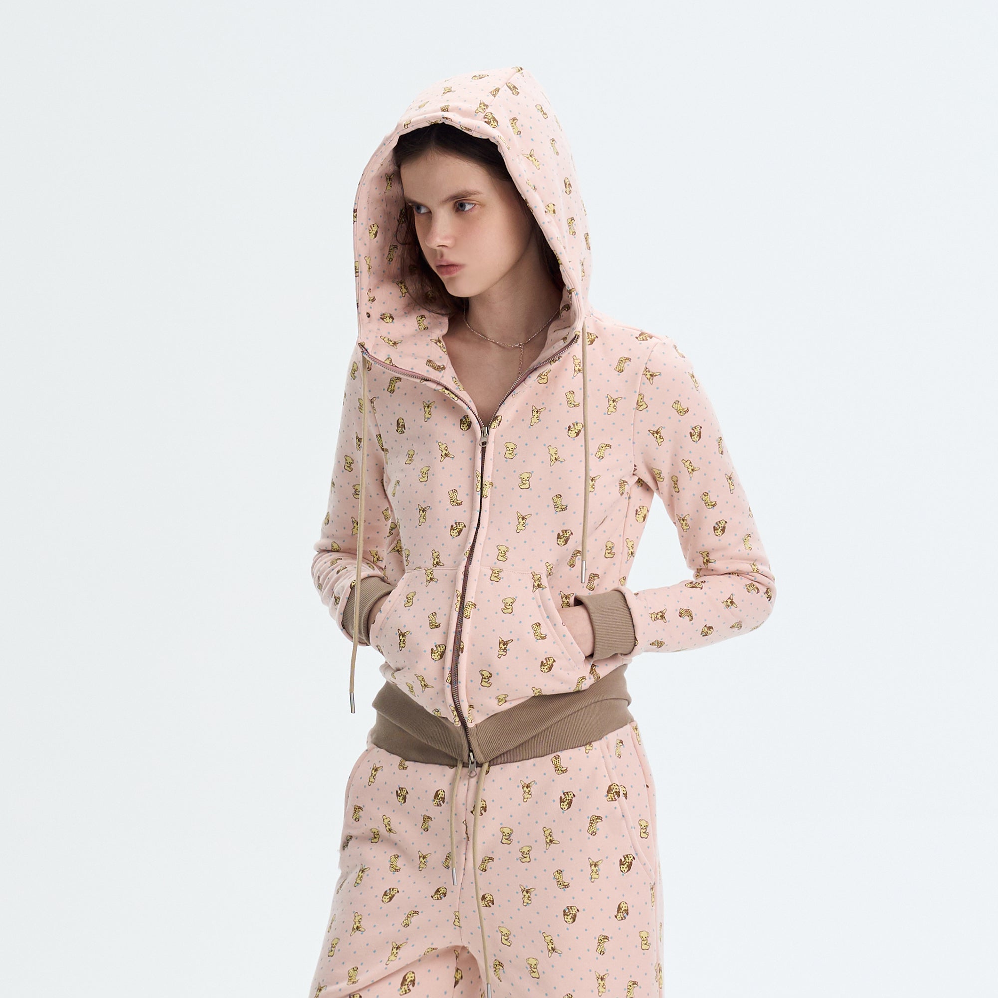 THE NEVERMORE Contrast-Waist Puppy Full-Print Zip Hoodie