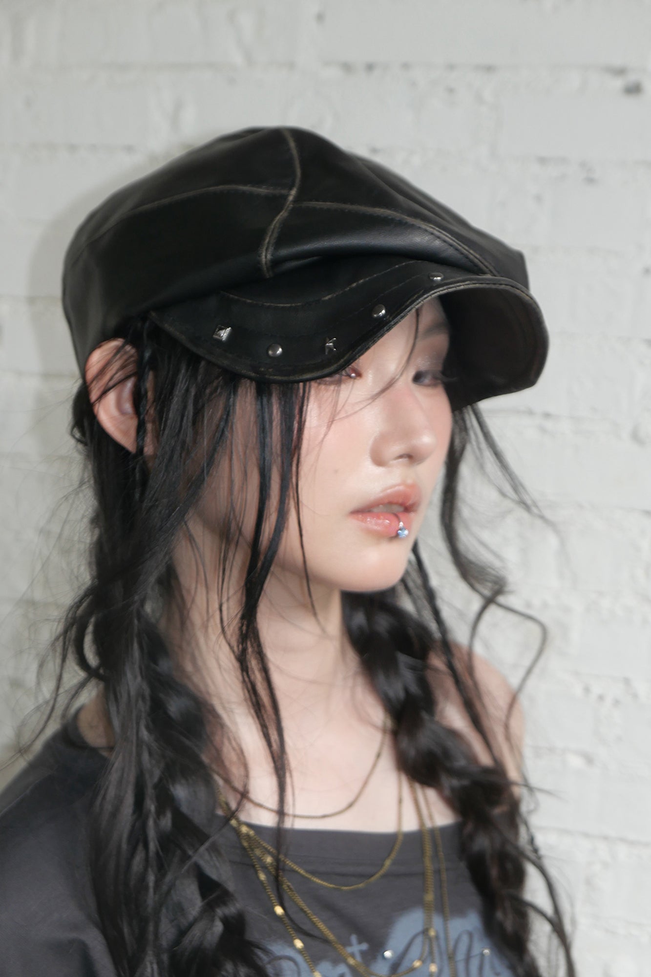 RIDK Faux Leather Studded Newsboy Cap