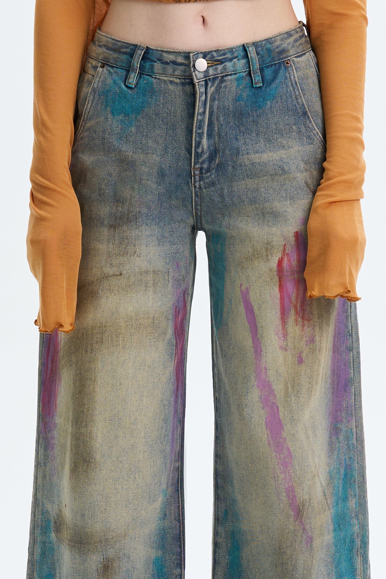 THE NEVERMORE Distressed Graffiti-Wash Wide-Leg Jeans