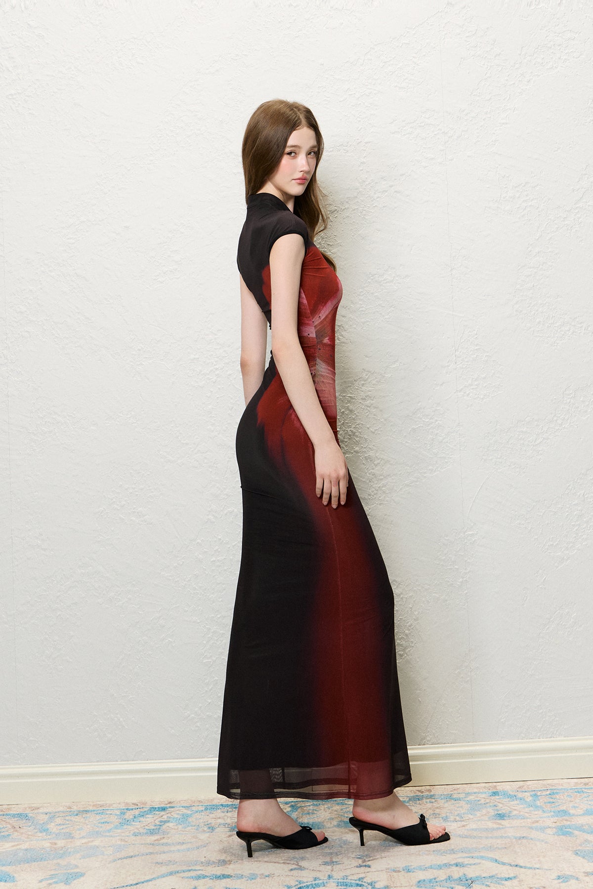 HIIMDAI Contrast Graphic Fitted Qipao Maxi Dress
